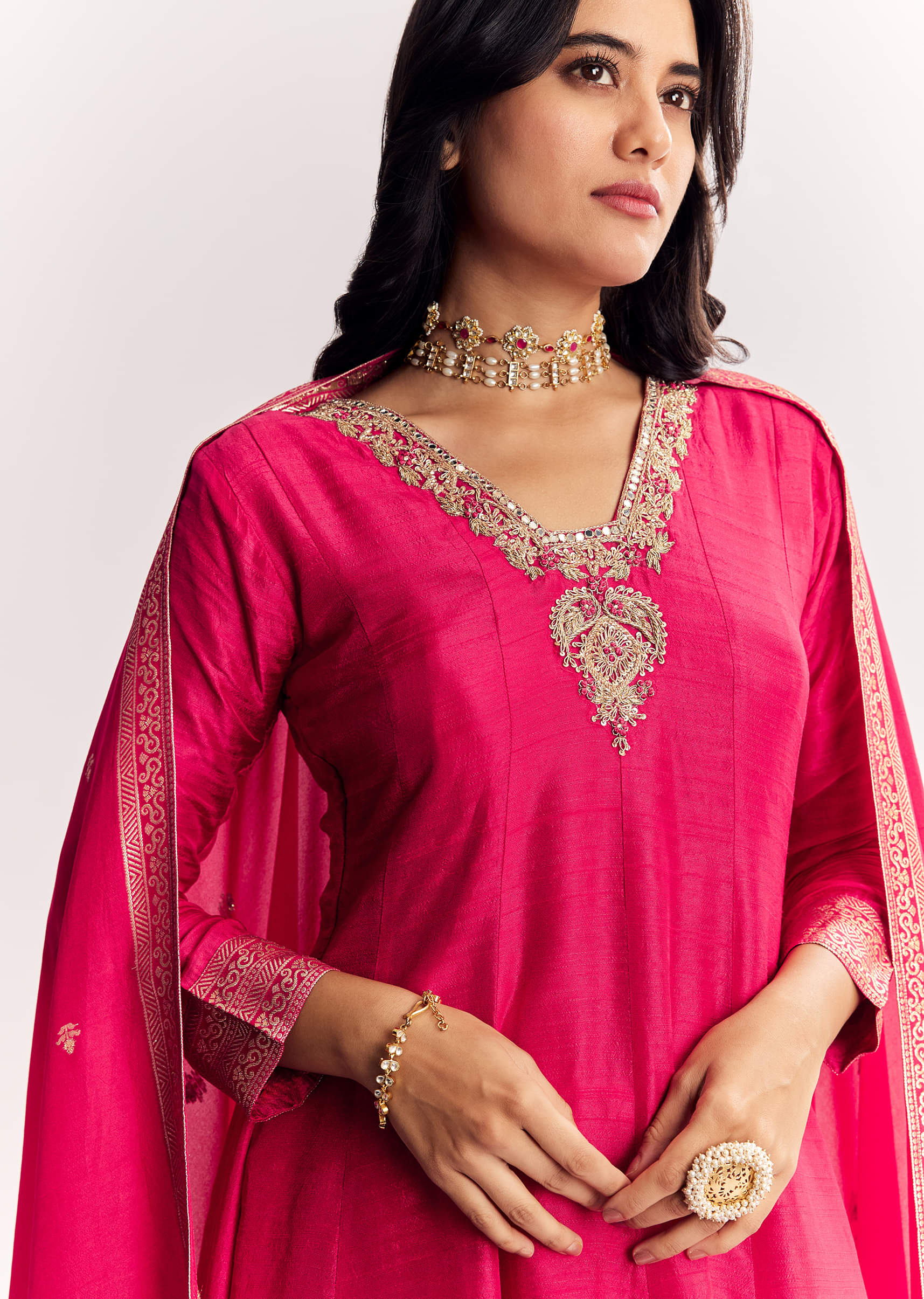 Pink Weave Silk Anarkali Suit With Dupatta - Image 2