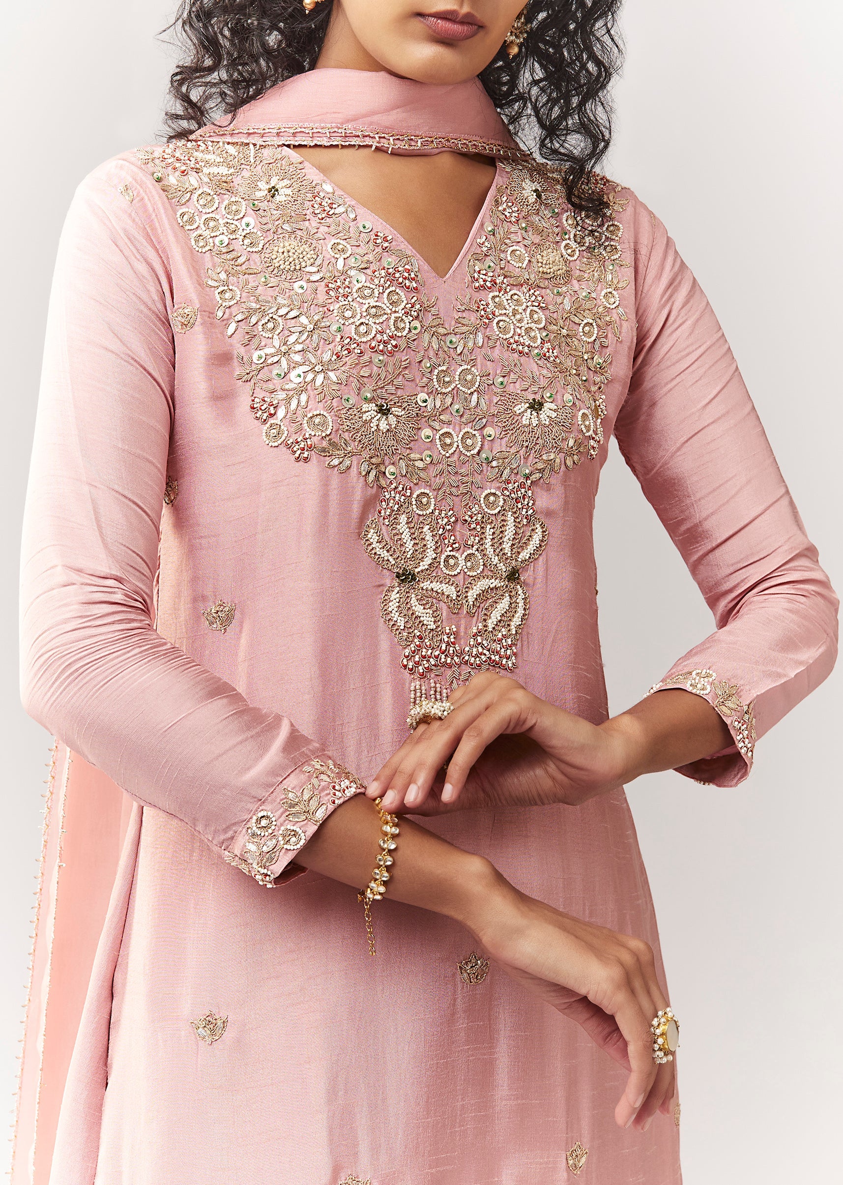 Pink Zardosi And Moti Work Kurta Palazzo Set With Dupatta - Image 2