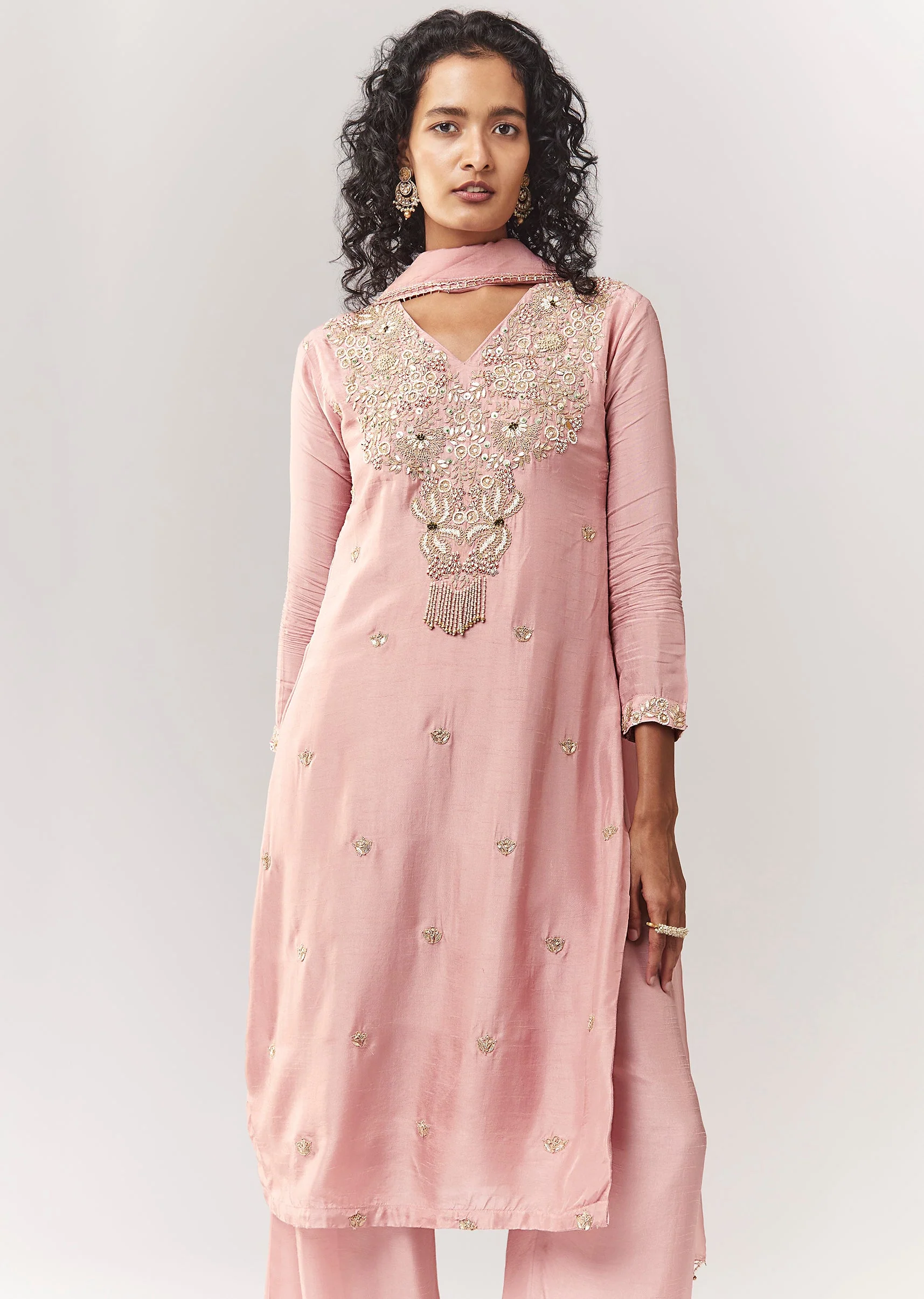 Pink Zardosi And Moti Work Kurta Palazzo Set With Dupatta - Image 4