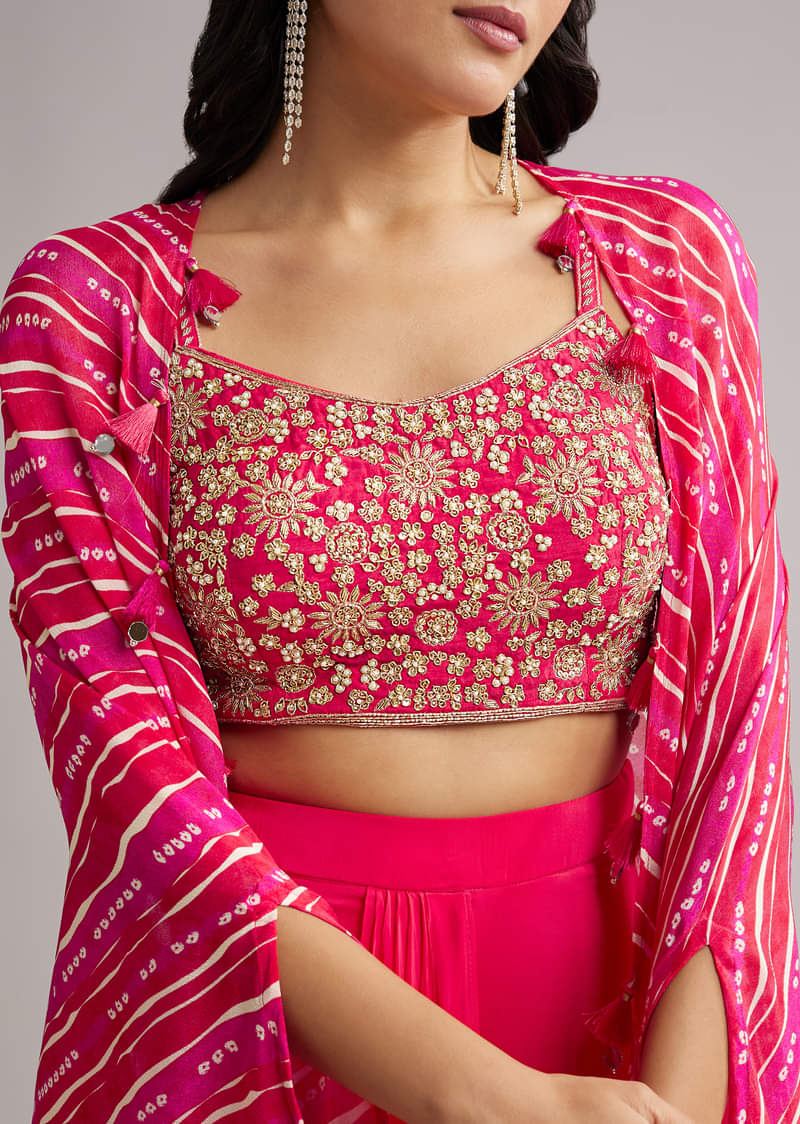 Pink Zardosi Cape Set With Crop Top And Skirt - Image 2