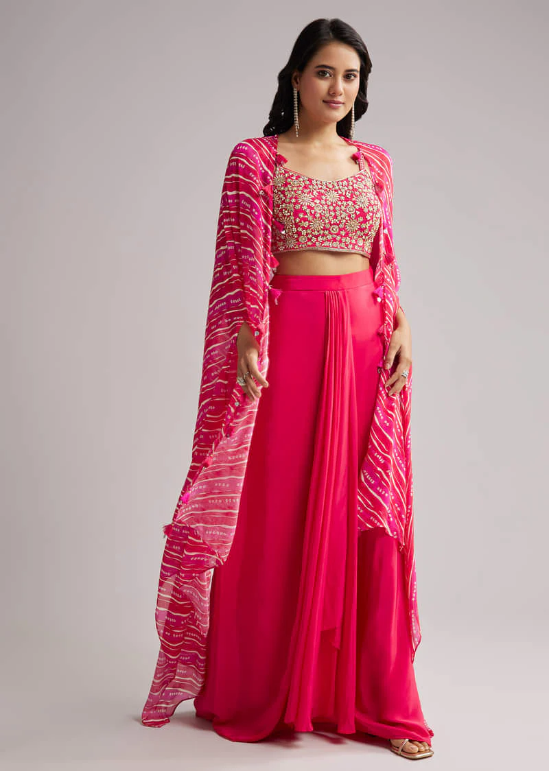 Pink Zardosi Cape Set With Crop Top And Skirt - Image 4
