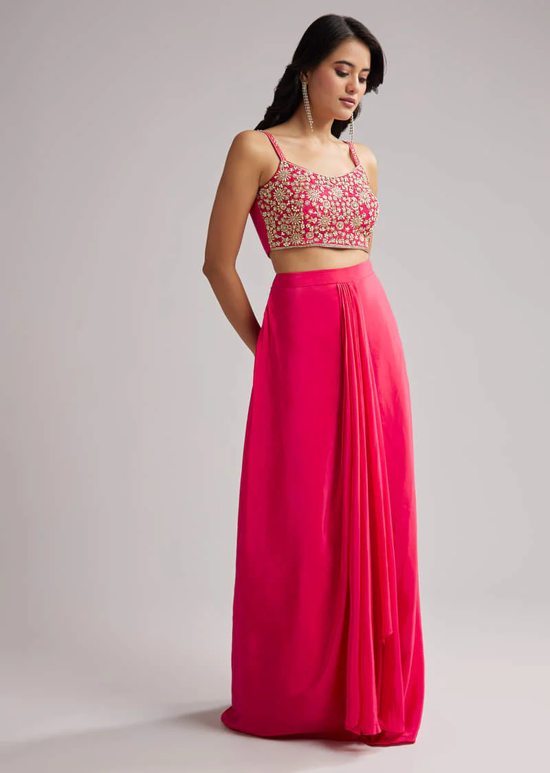 Pink Zardosi Cape Set With Crop Top And Skirt - Image 5