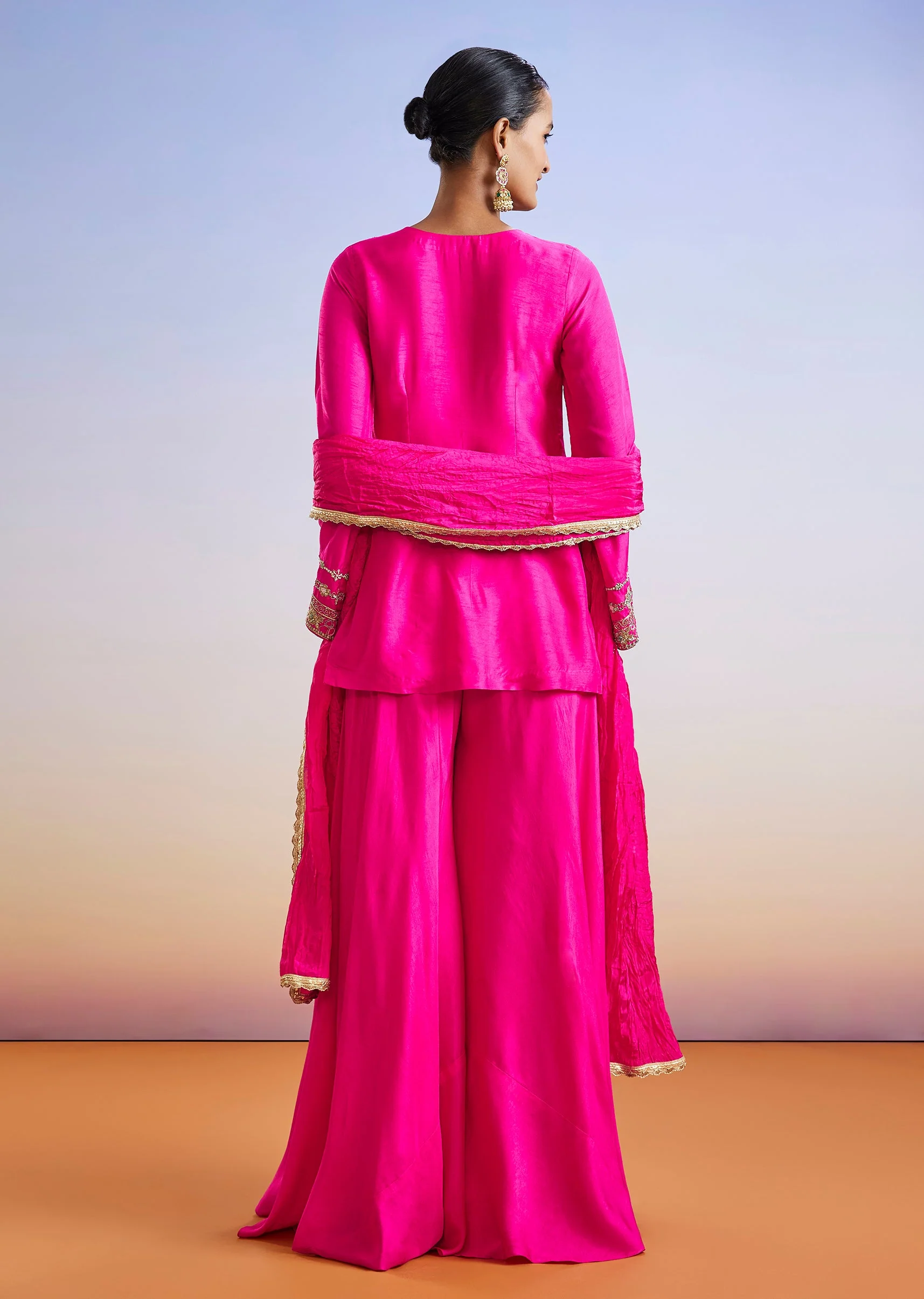 Pink Zardosi Embroidered Straight Kurta Palazzo Suit With Dupatta - Image 5