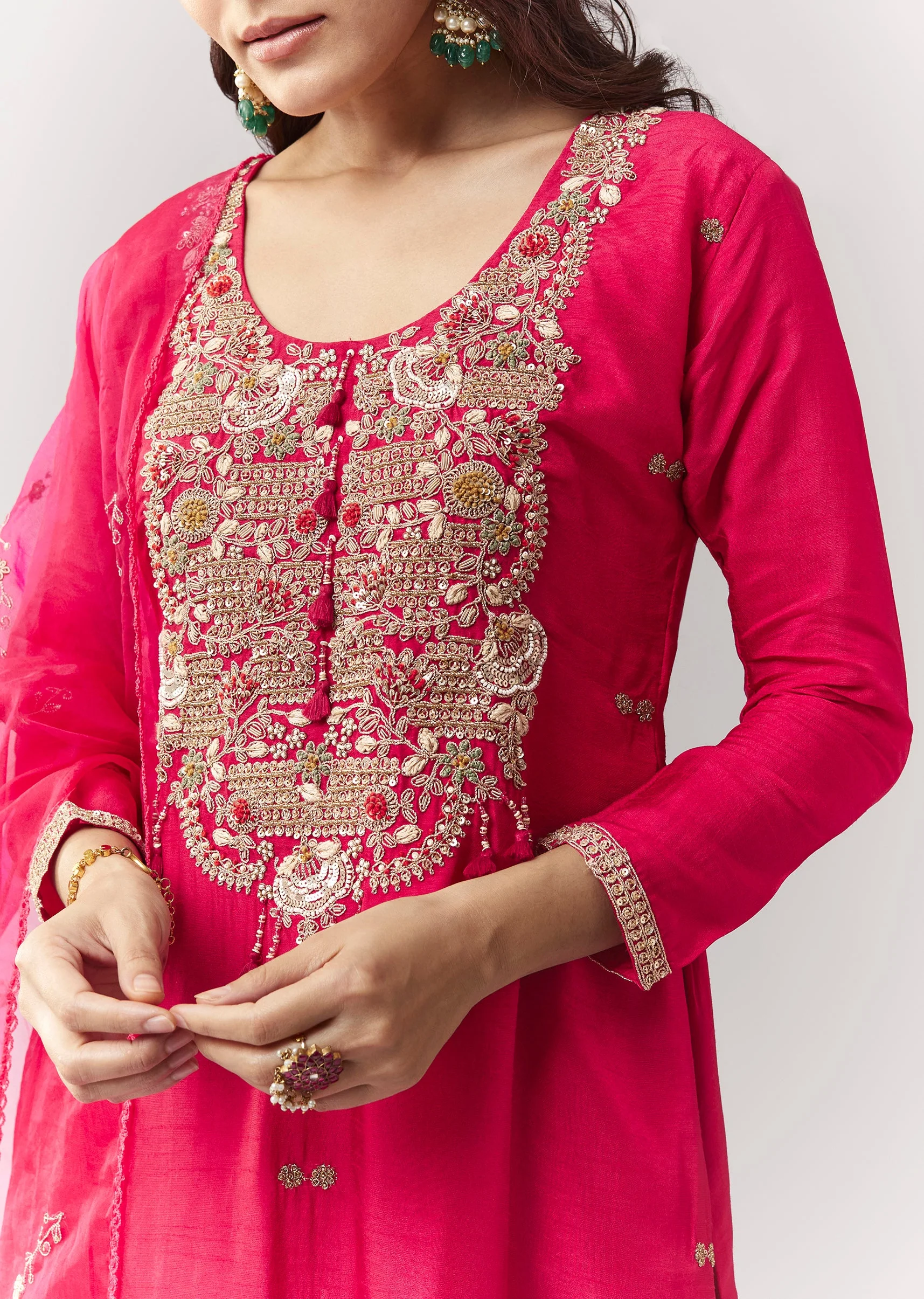 Pink Zardosi Kurta Pant Set With Dupatta - Image 2