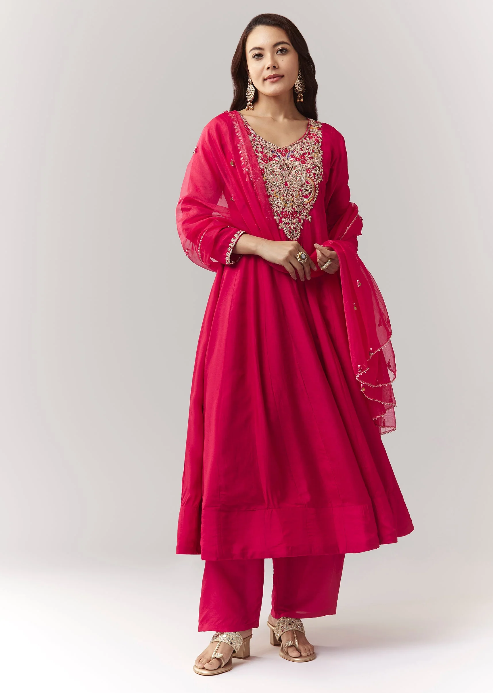 Pink Zardosi Sweetheart Anarkali Pant Set With Dupatta - Image 3
