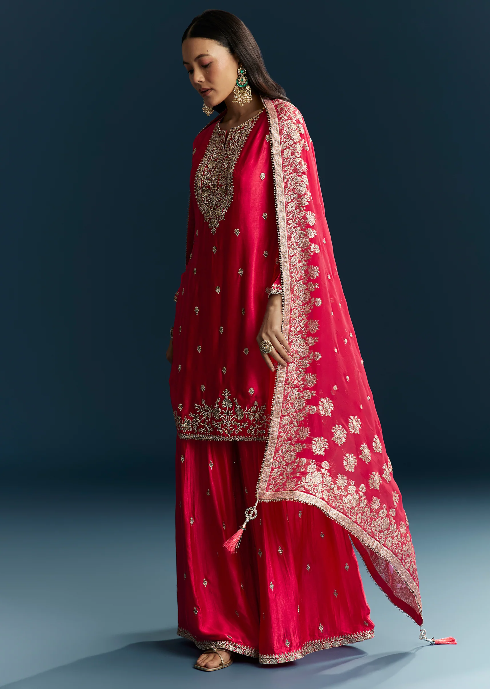 Pink Zari Palazzo Suit Set With Dupatta - Image 3