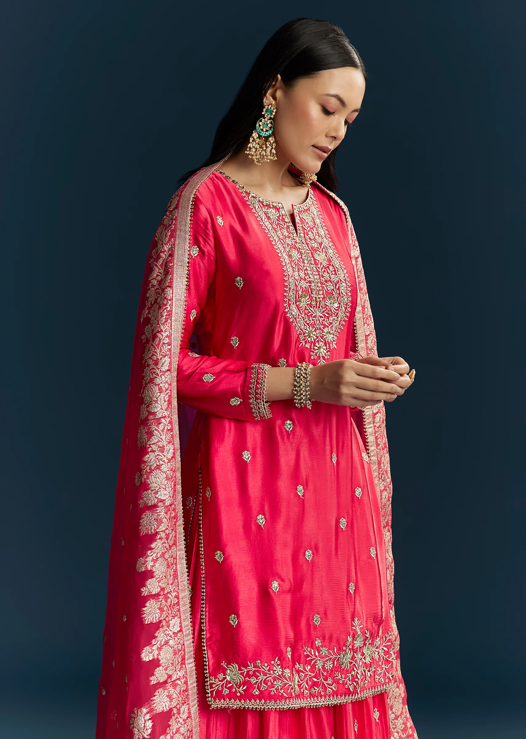 Pink Zari Palazzo Suit Set With Dupatta - Image 4