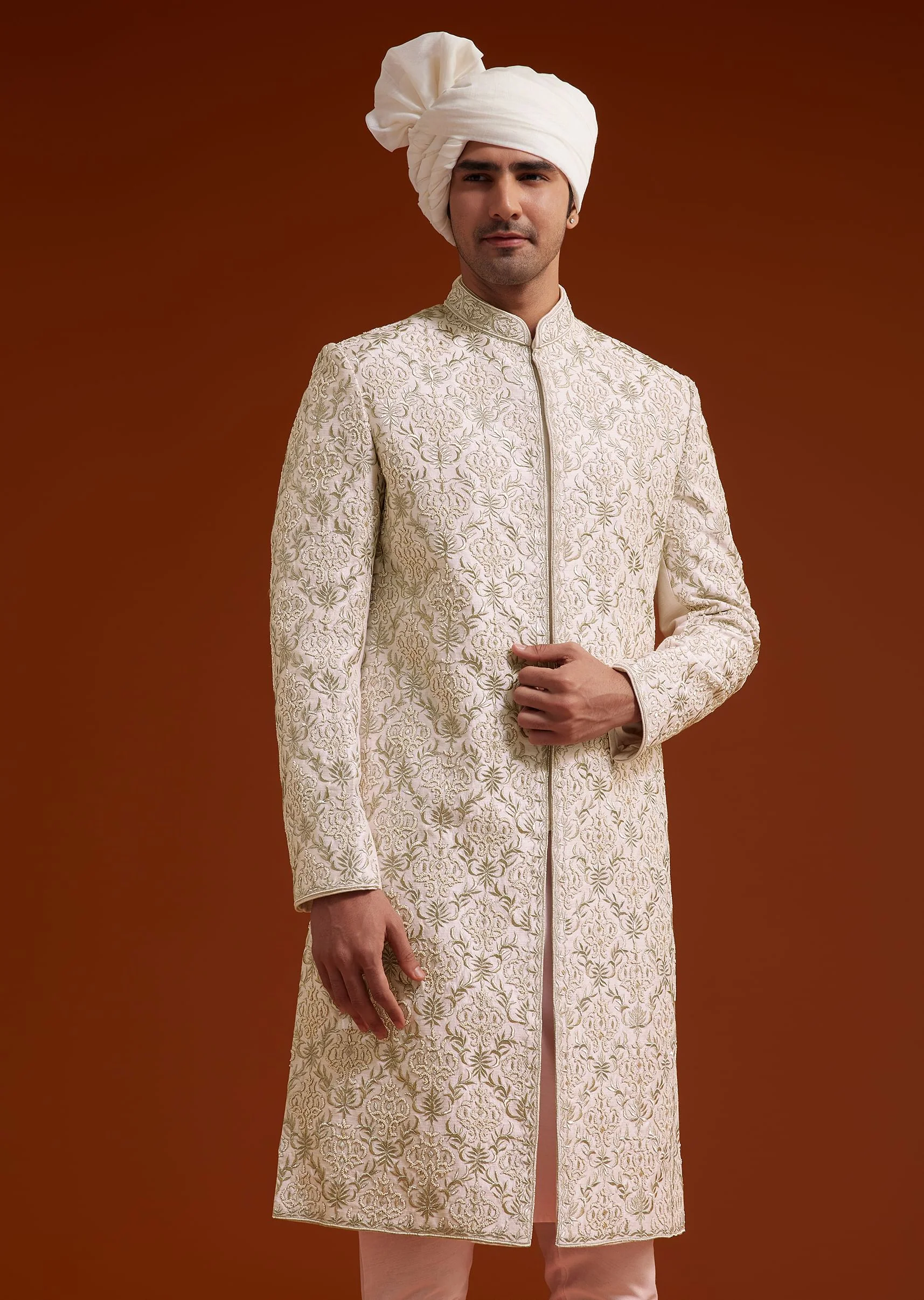 Pink Zari Pearl and Resham Embroidered Sherwani Set - Image 3