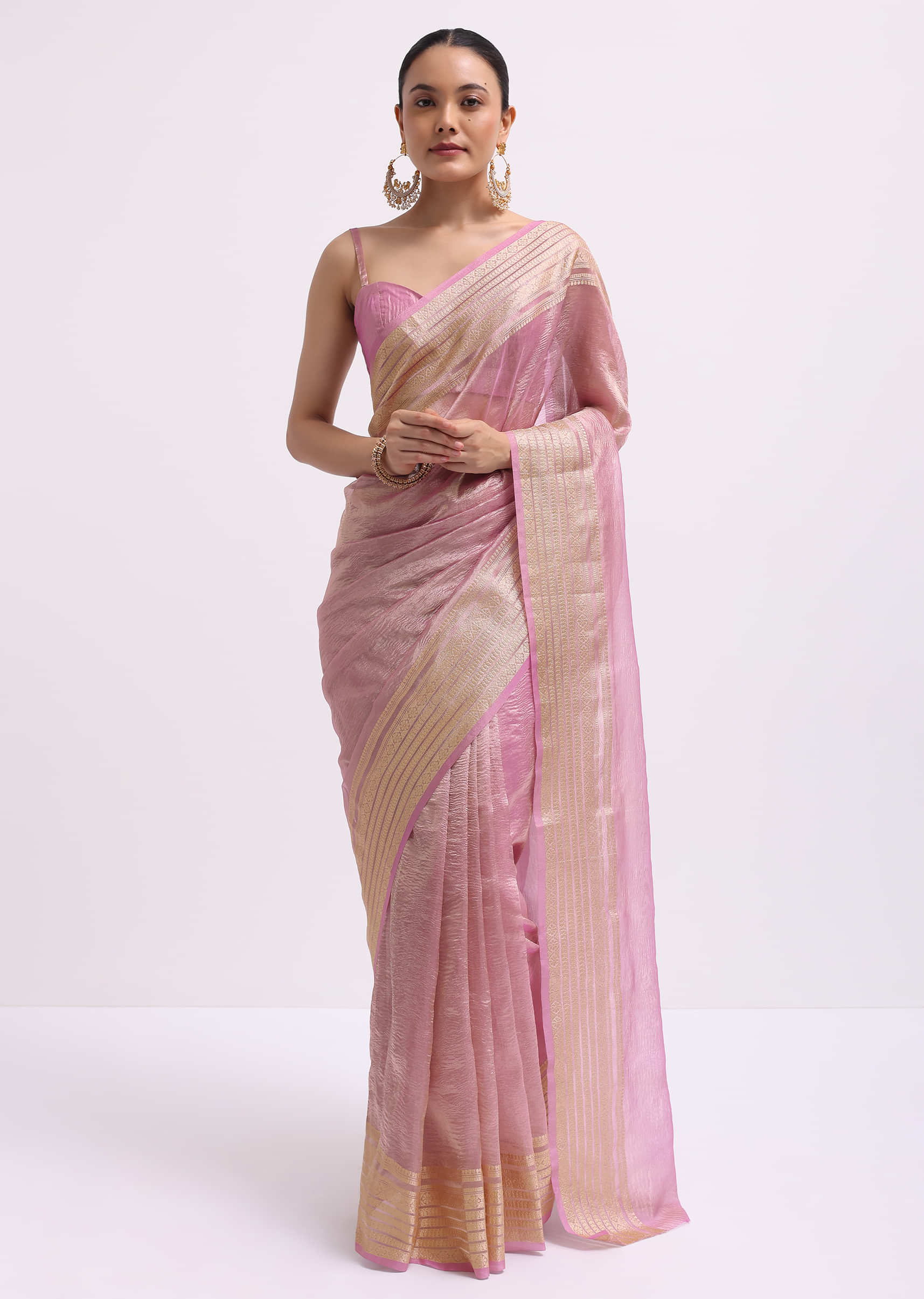 Pink Zari Woven Chanderi Saree With Unstitched Blouse - Image 3
