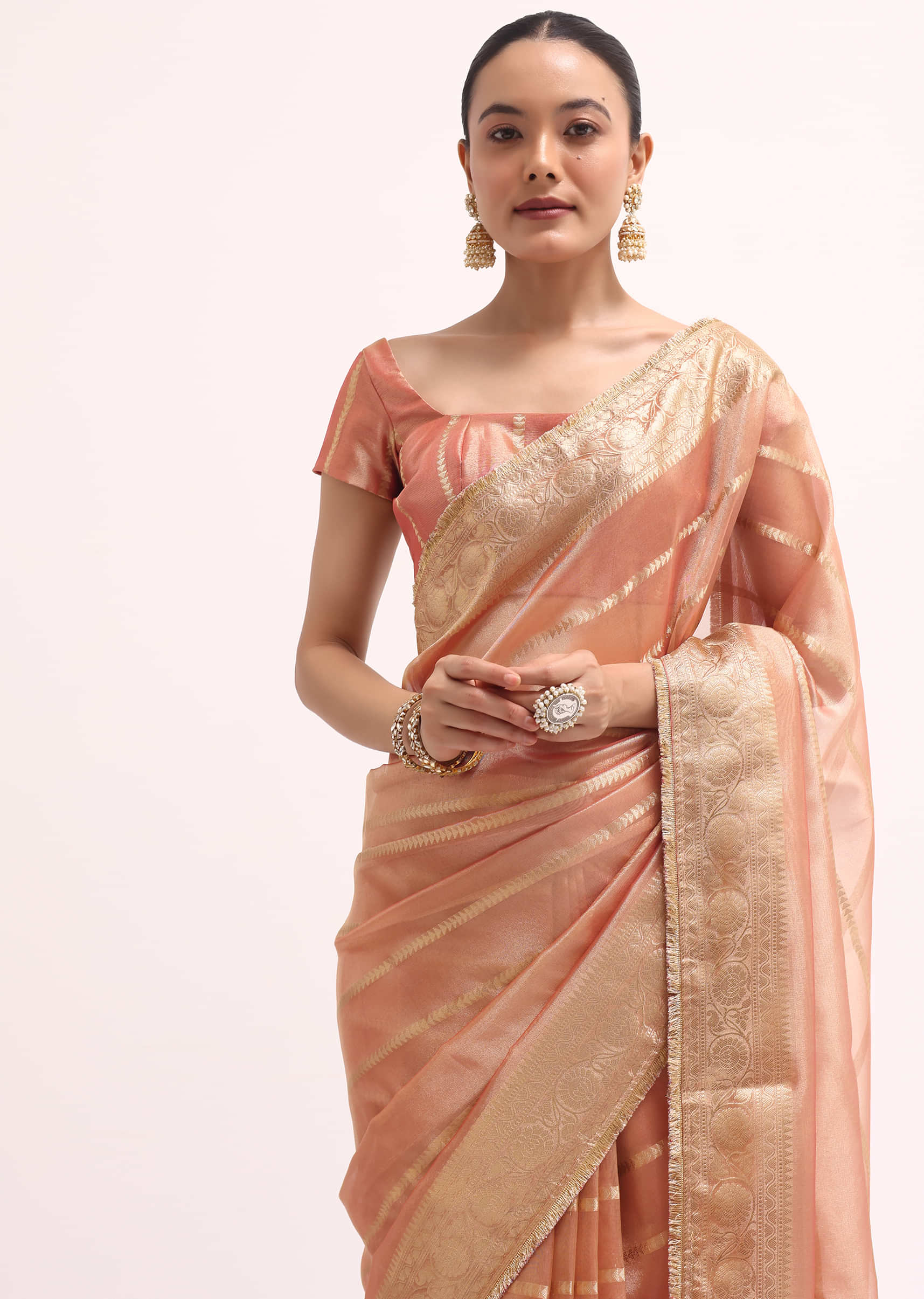 Pinkish Gold Zari Chanderi Silk Saree With Unstitched Border - Image 2