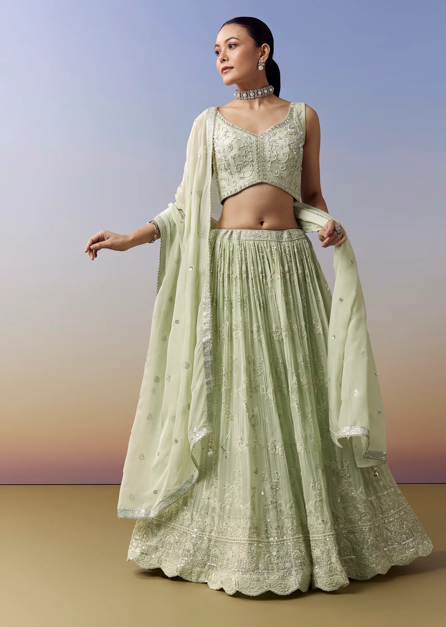 Pista Green Celebration Duo – Embellished Lehenga For Her And Jodhpuri Set For Him - Image 3