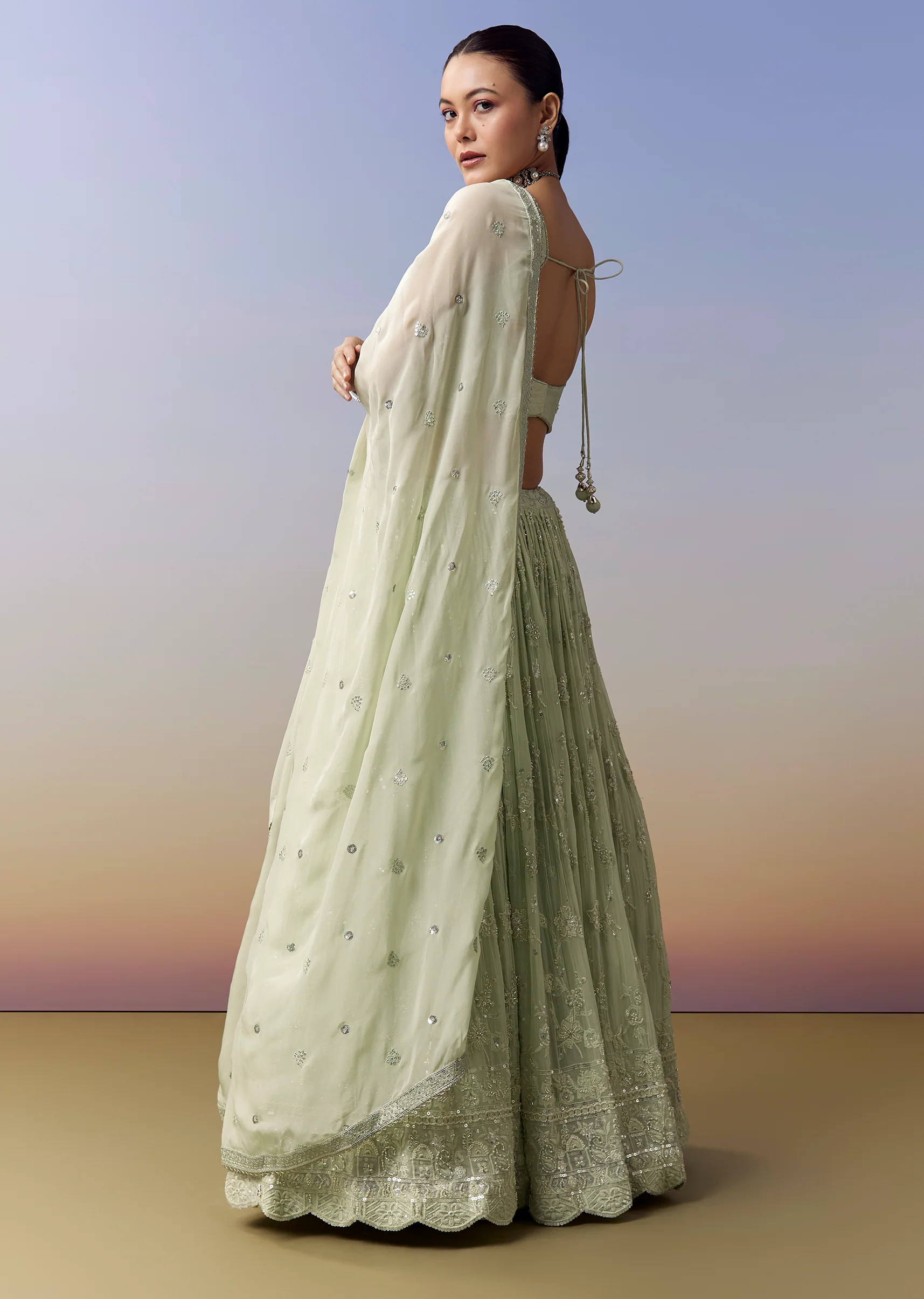 Pista Green Celebration Duo – Embellished Lehenga For Her And Jodhpuri Set For Him - Image 4