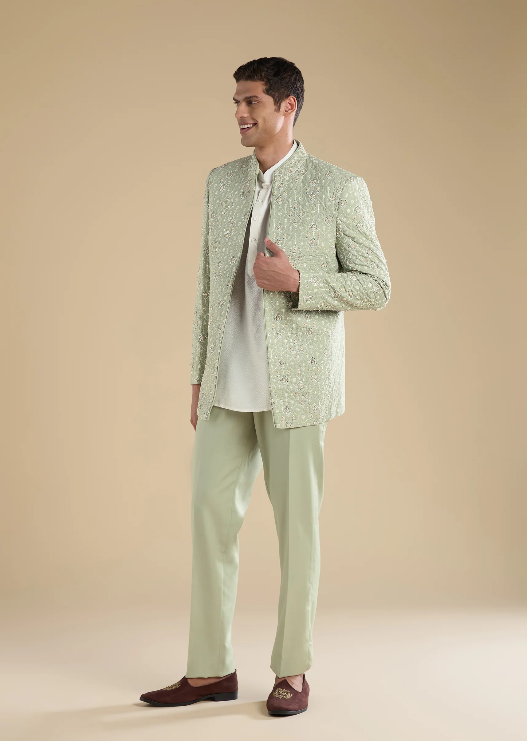 Pista Green Celebration Duo – Embellished Lehenga For Her And Jodhpuri Set For Him - Image 6
