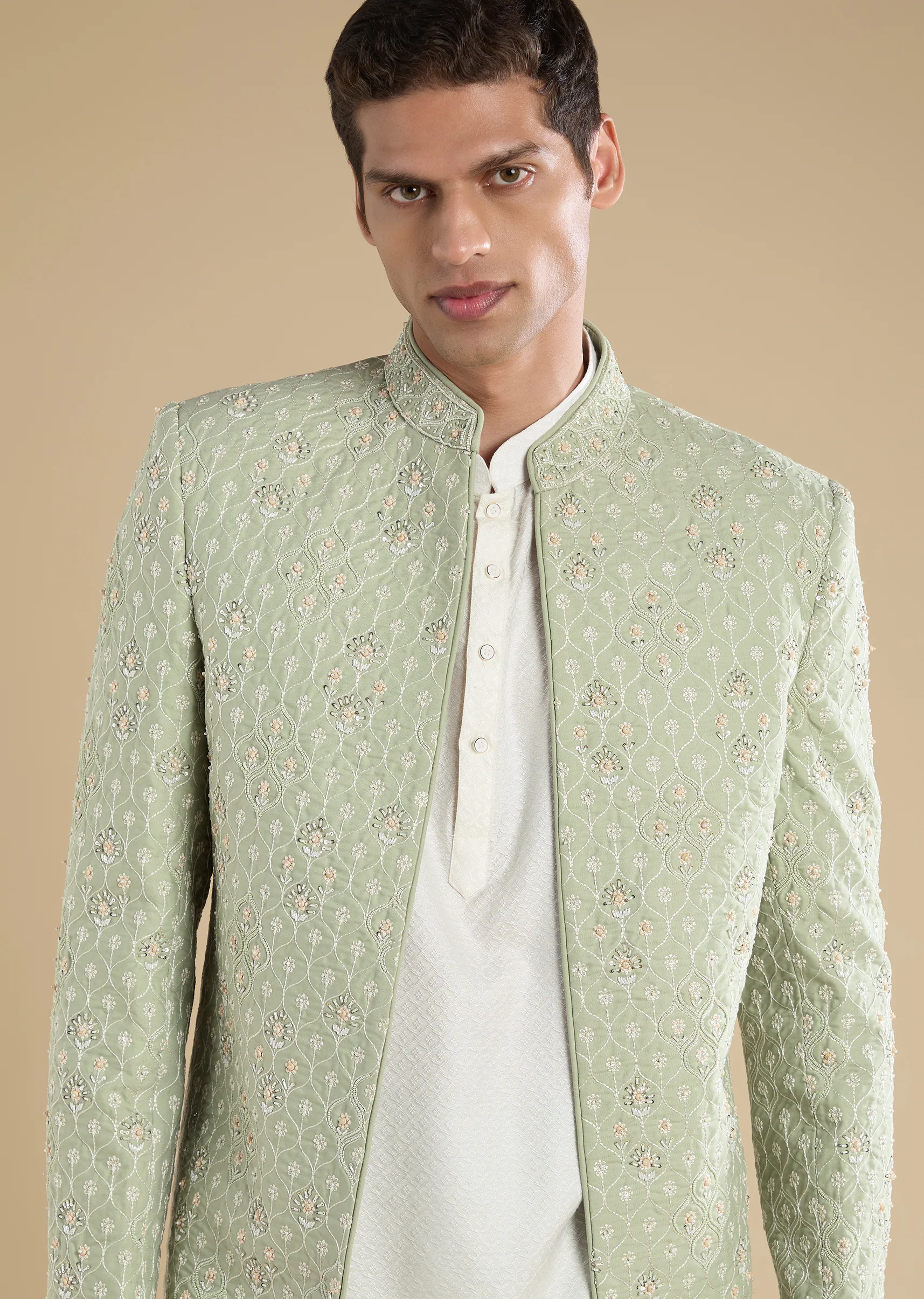 Pista Green Celebration Duo – Embellished Lehenga For Her And Jodhpuri Set For Him - Image 7