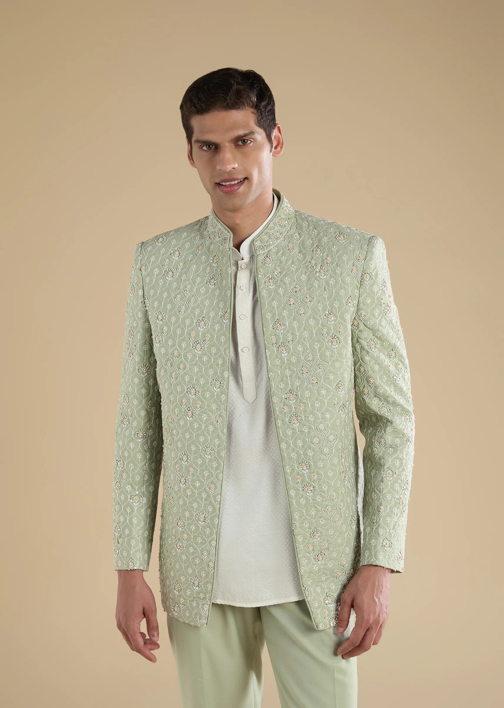 Pista Green Celebration Duo – Embellished Lehenga For Her And Jodhpuri Set For Him - Image 8