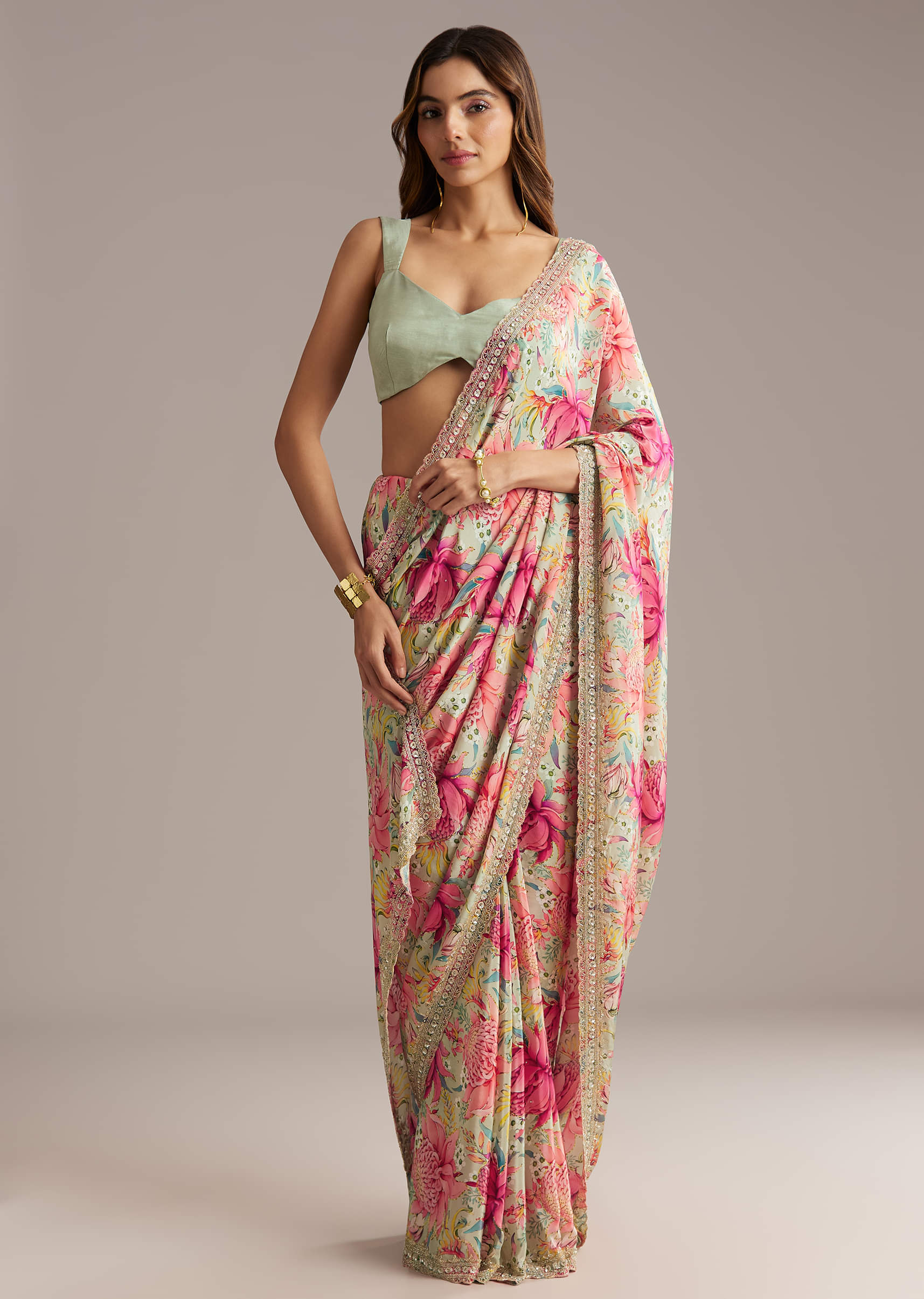 Pista Green Crepe Saree With Floral Print And Sequin Work - Image 3