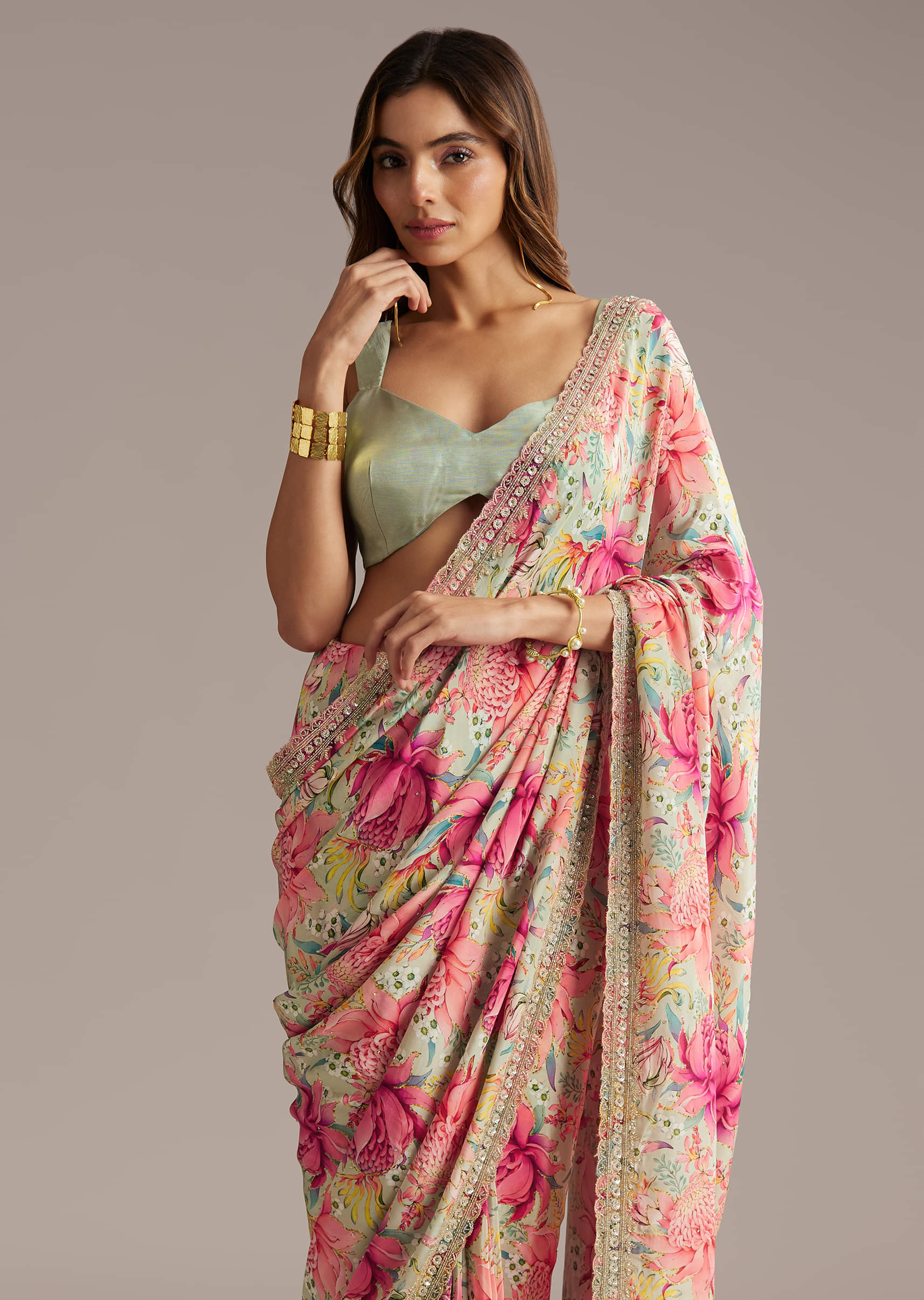 Pista Green Crepe Saree With Floral Print And Sequin Work - Image 4