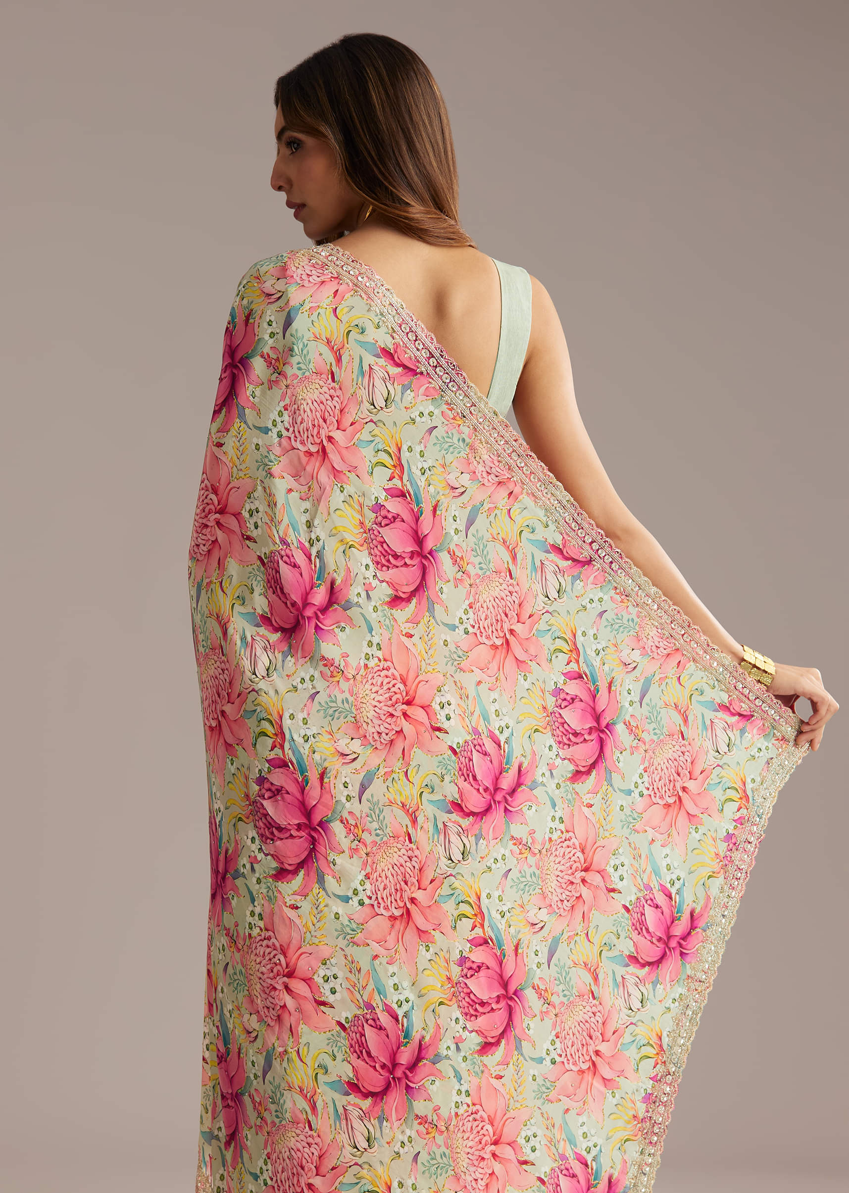 Pista Green Crepe Saree With Floral Print And Sequin Work - Image 5