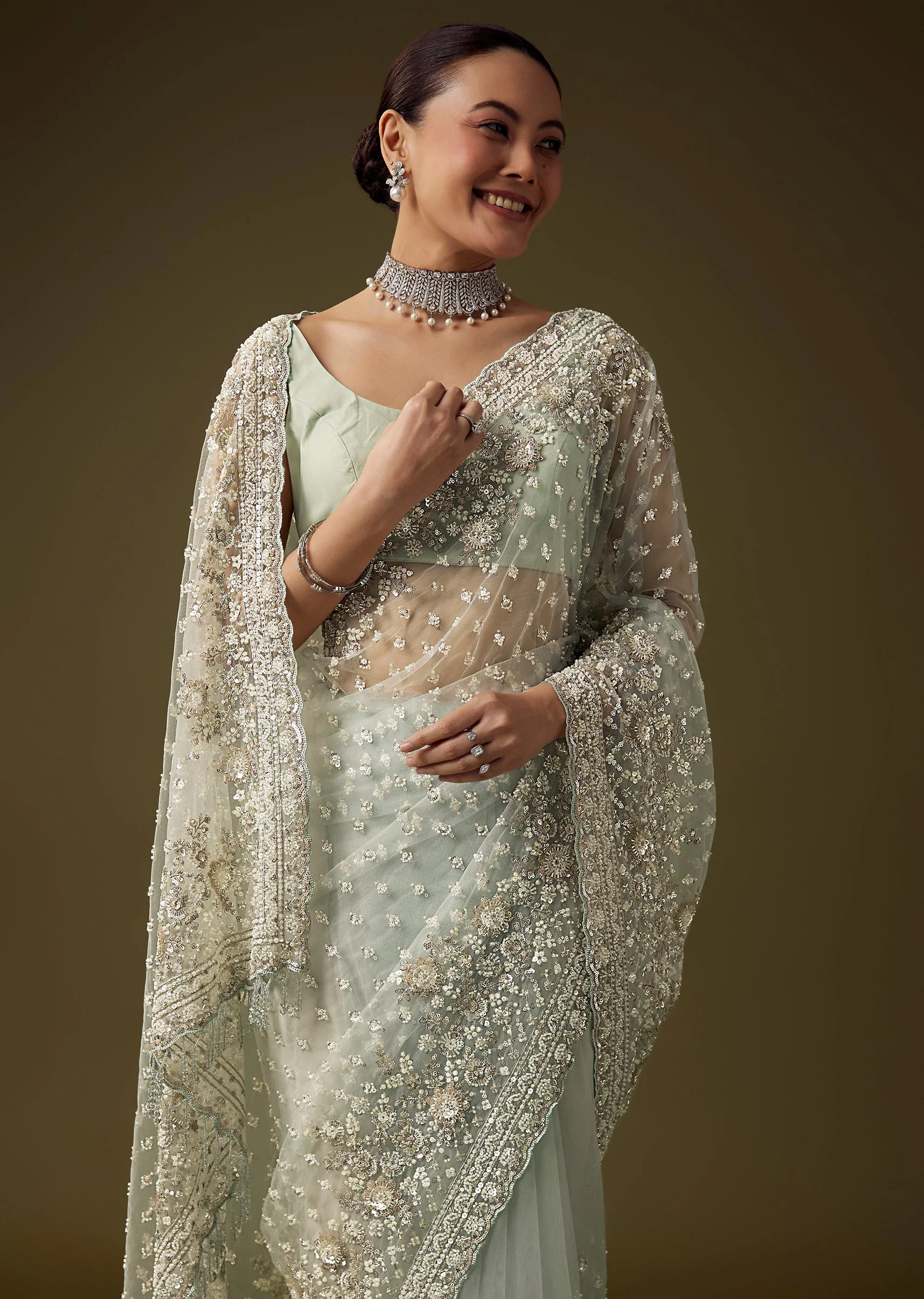 Pista Green Cutdana Work Saree with Unstitched Blouse - Image 5