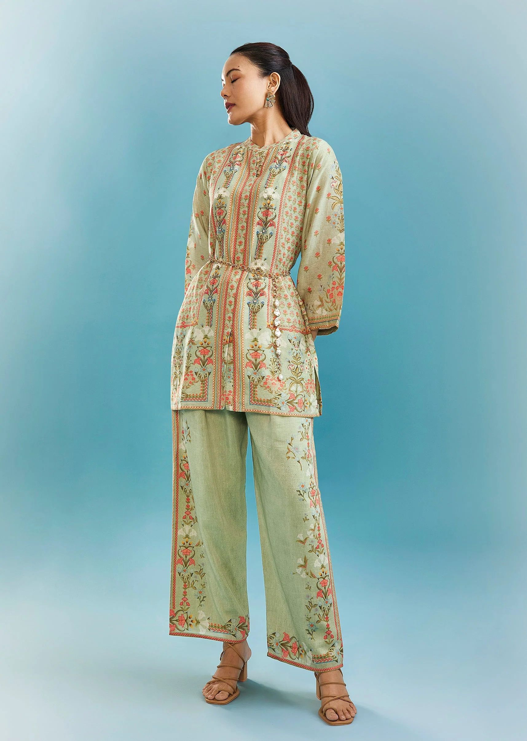 Pista Green Floral Co-ord Set With Cut Dana And Sequins Work - Image 3
