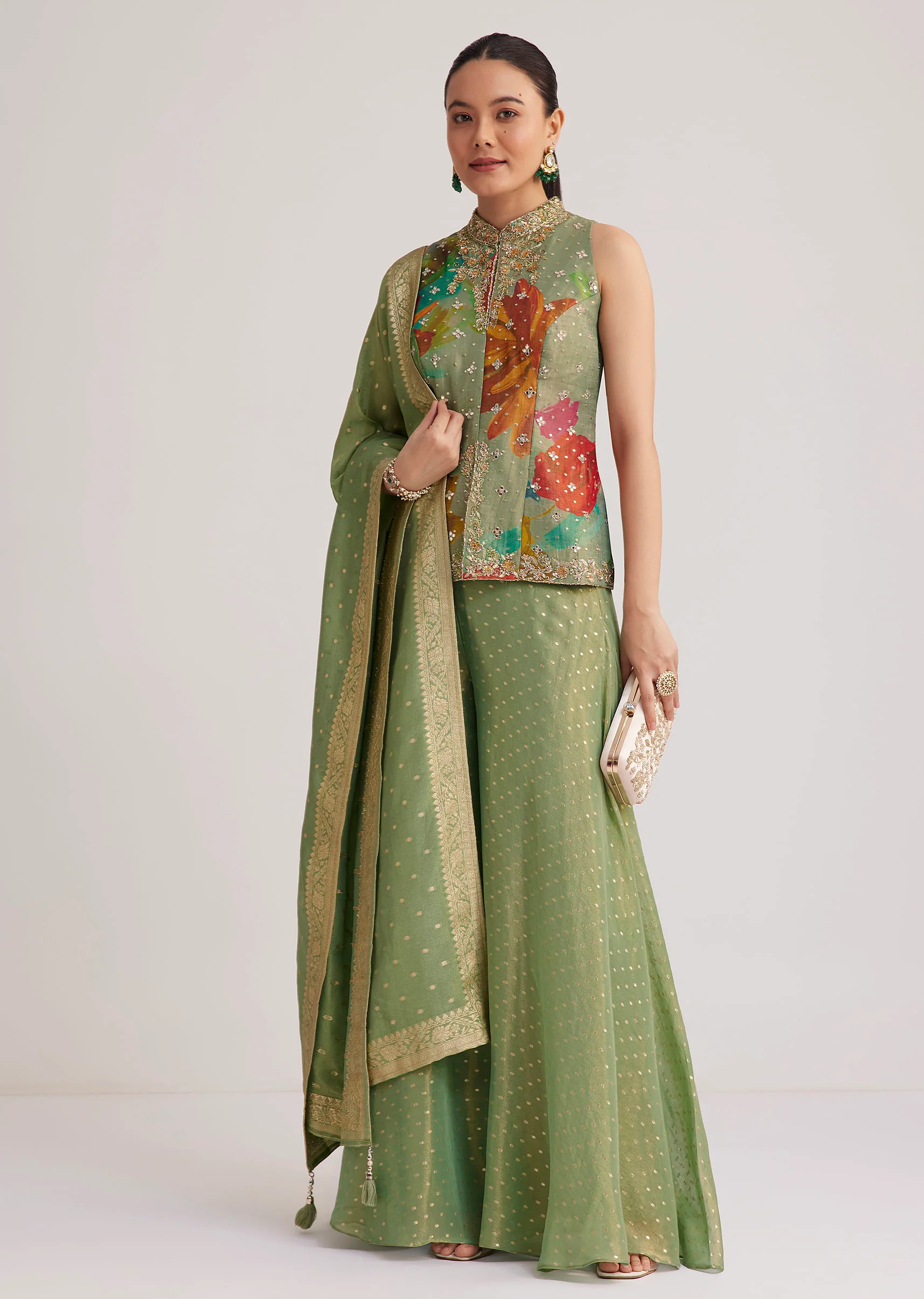 Pista Green Floral Embroidered Palazzo Set - Image 3