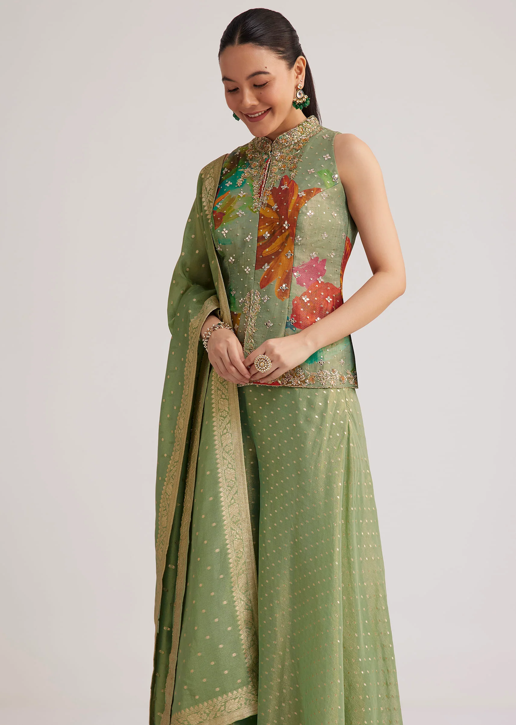 Pista Green Floral Embroidered Palazzo Set - Image 4
