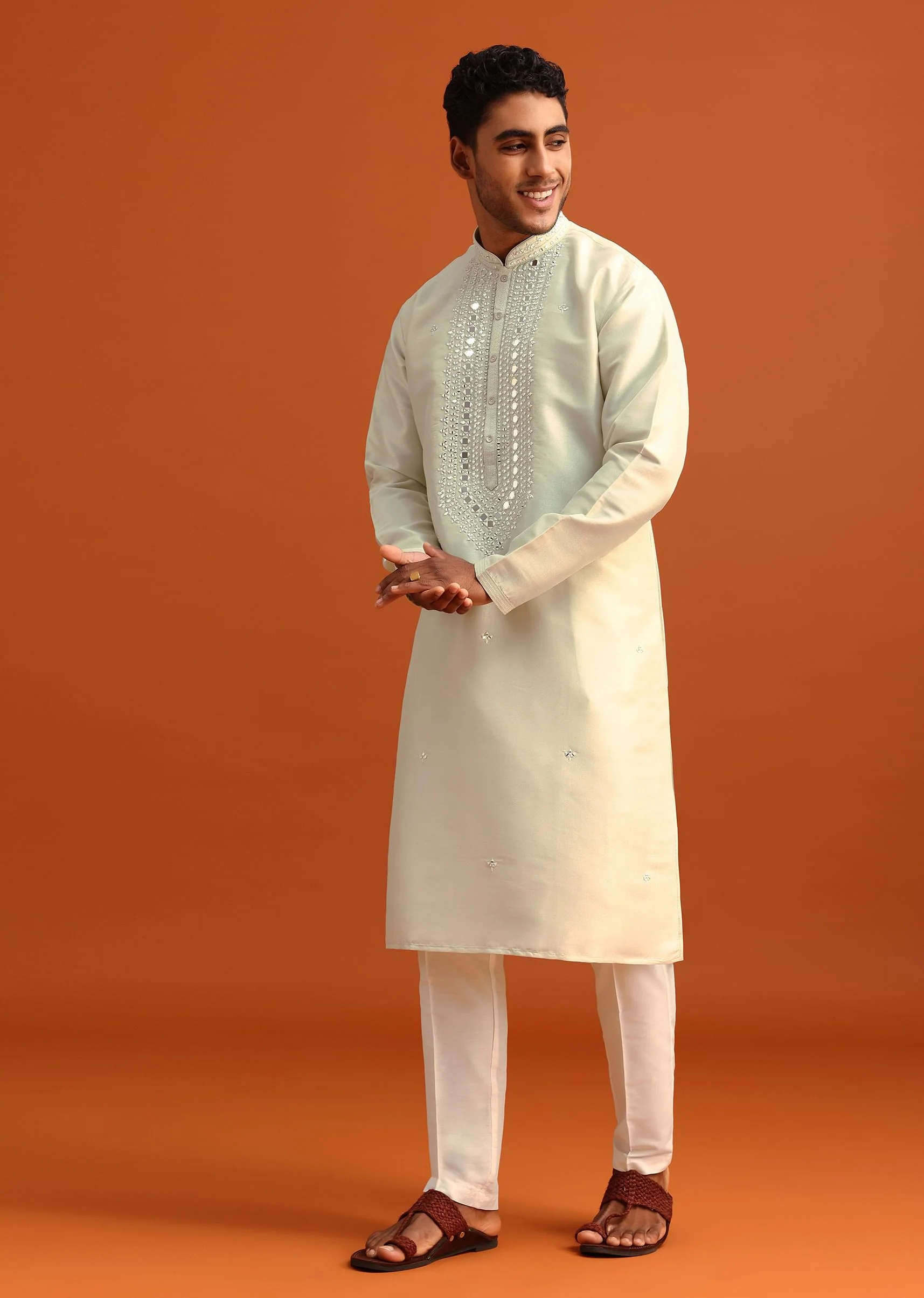 Pista Green Kurta Set In Silk With Mirror Embellishments - Image 2