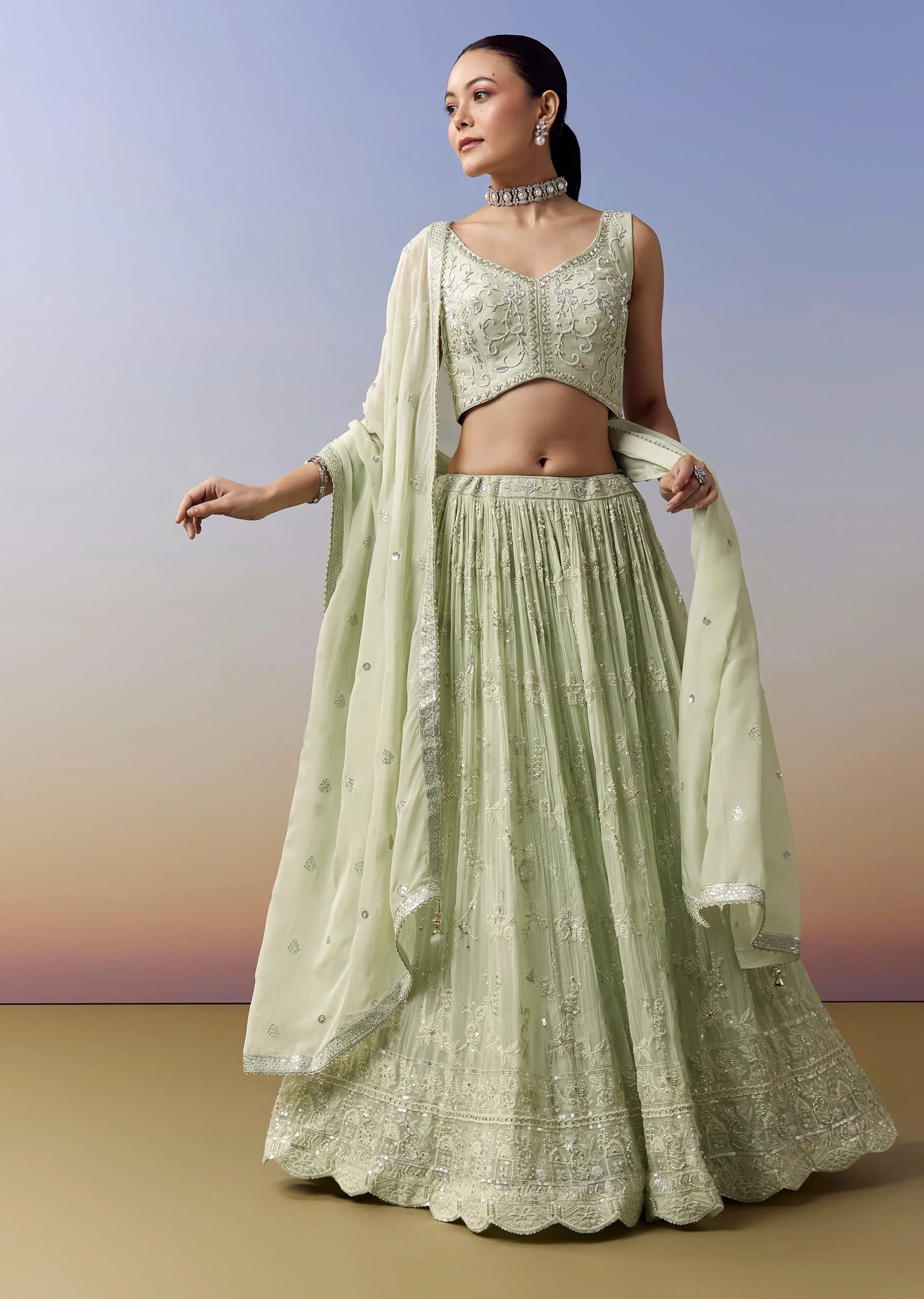 Pista Green Lehenga With Moti Sequins Cut Dana Work