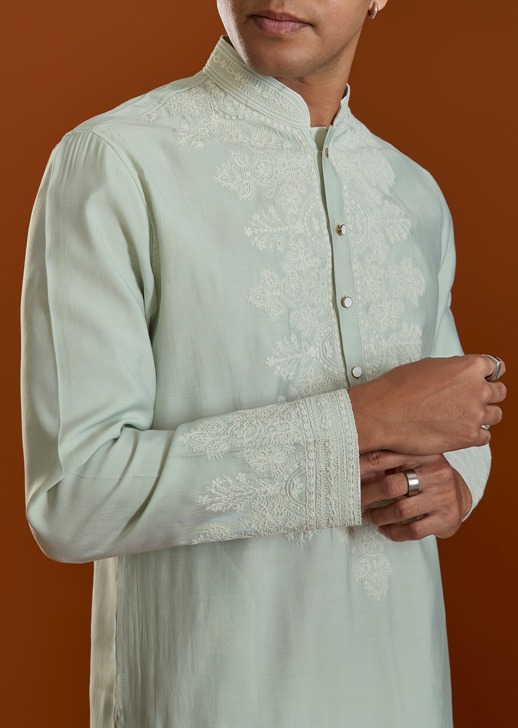 Pista Green Mens Kurta Set With Thread Work - Image 2