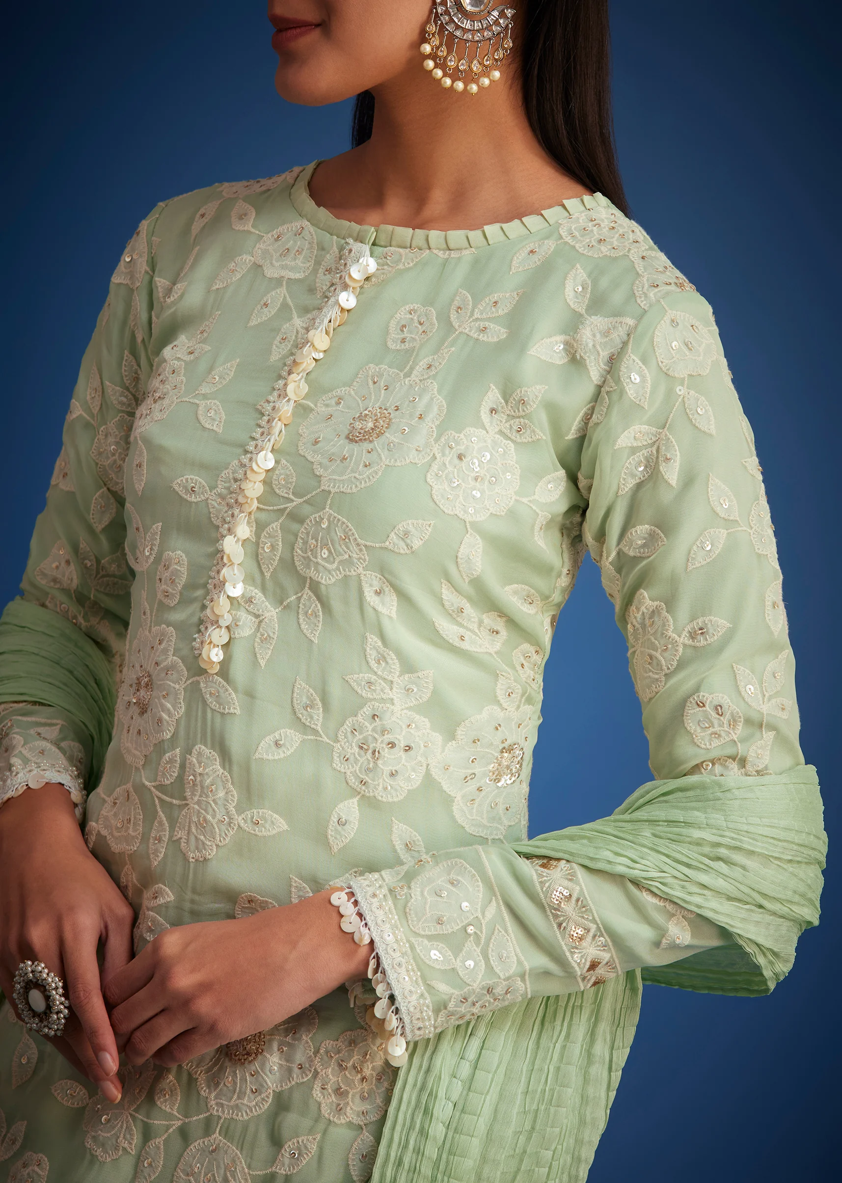 Pista Green Organza Embroidered Straight Kurta Set - Image 2