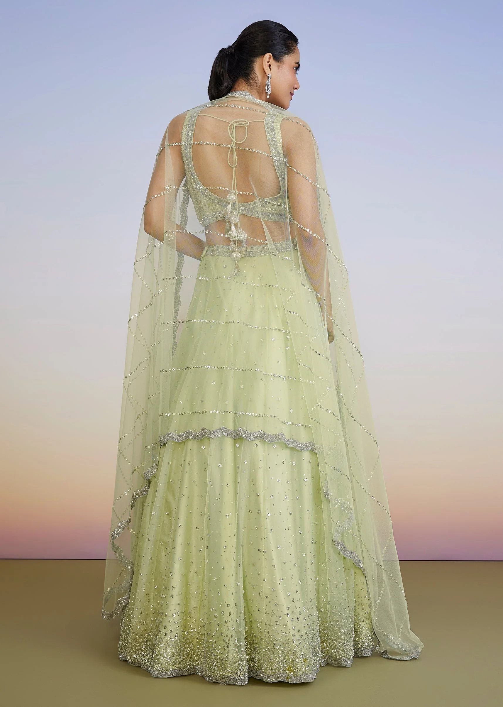 Pista Green Pastel Lehenga With Sequin Sweetheart Choli And Dupatta - Image 2
