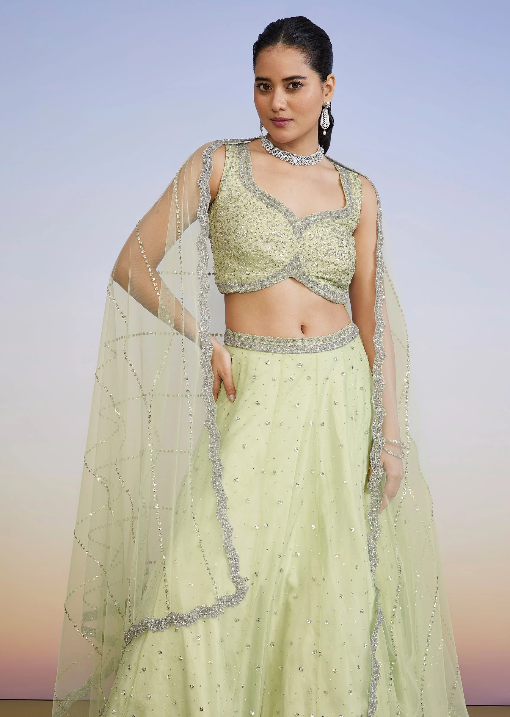 Pista Green Pastel Lehenga With Sequin Sweetheart Choli And Dupatta - Image 5