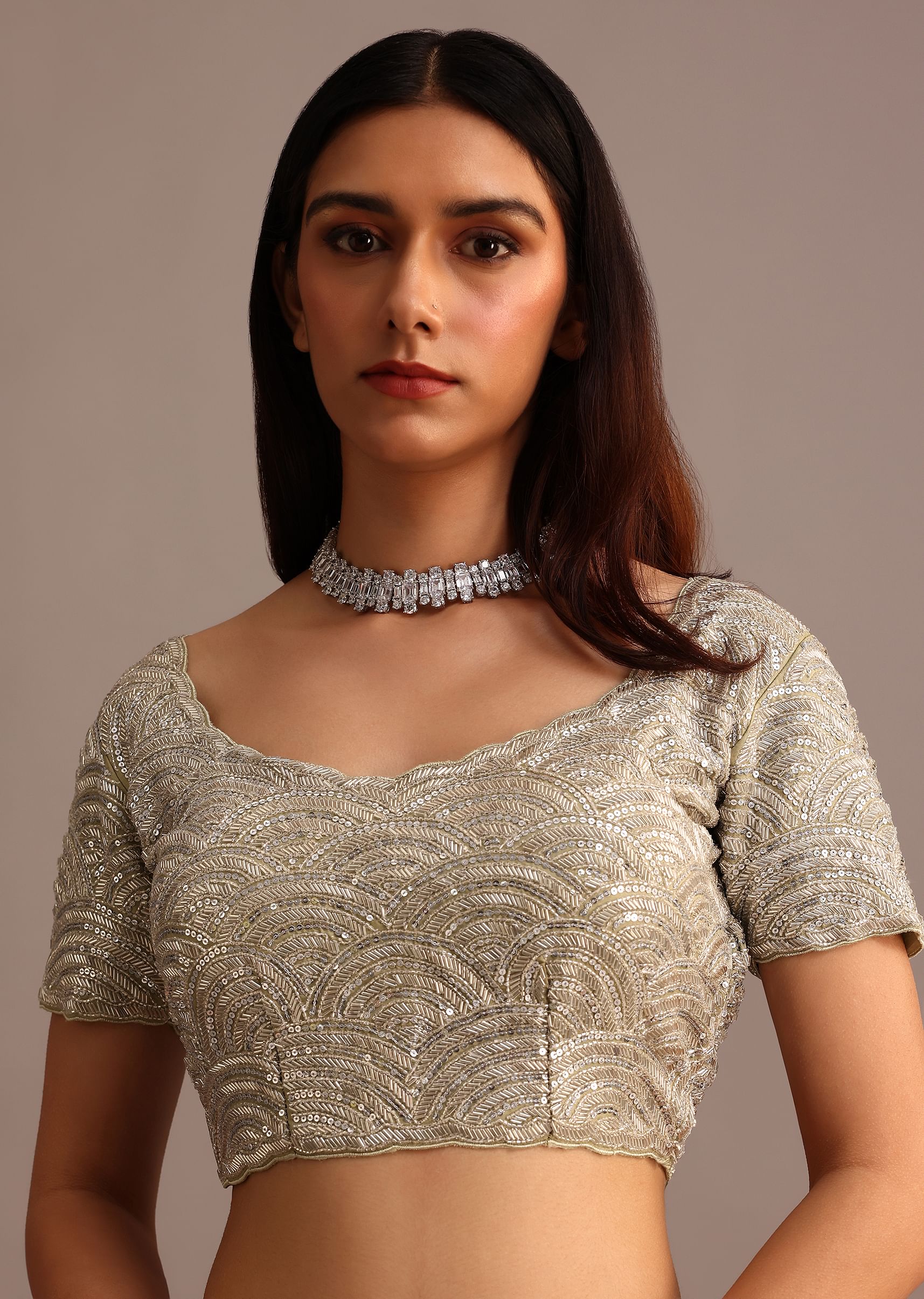Pista Green Pre Draped Saree With Embroidered Blouse And Belt - Image 7