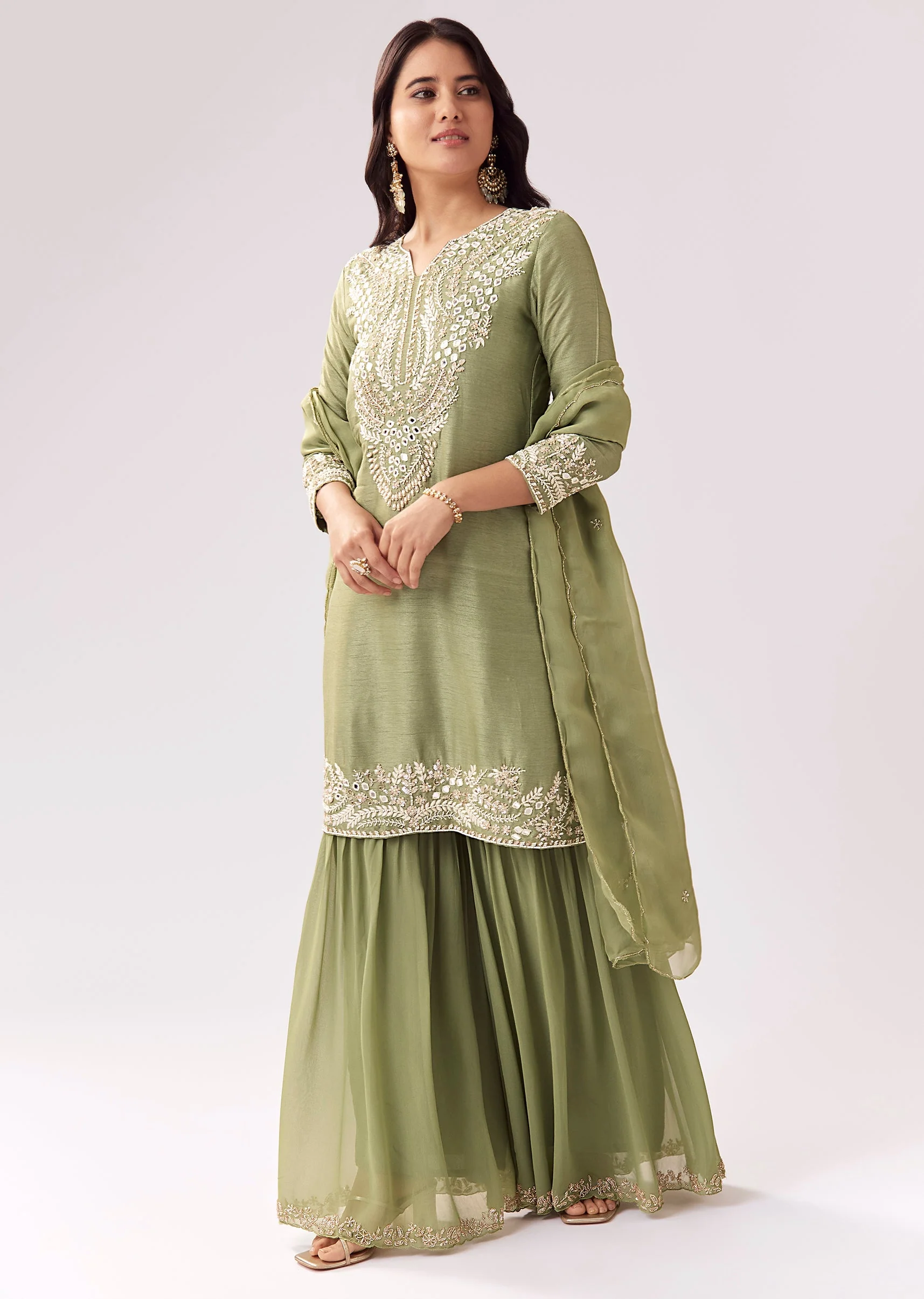 Pista Green Sharara Set With Mirror And Sequin Detailing - Image 3