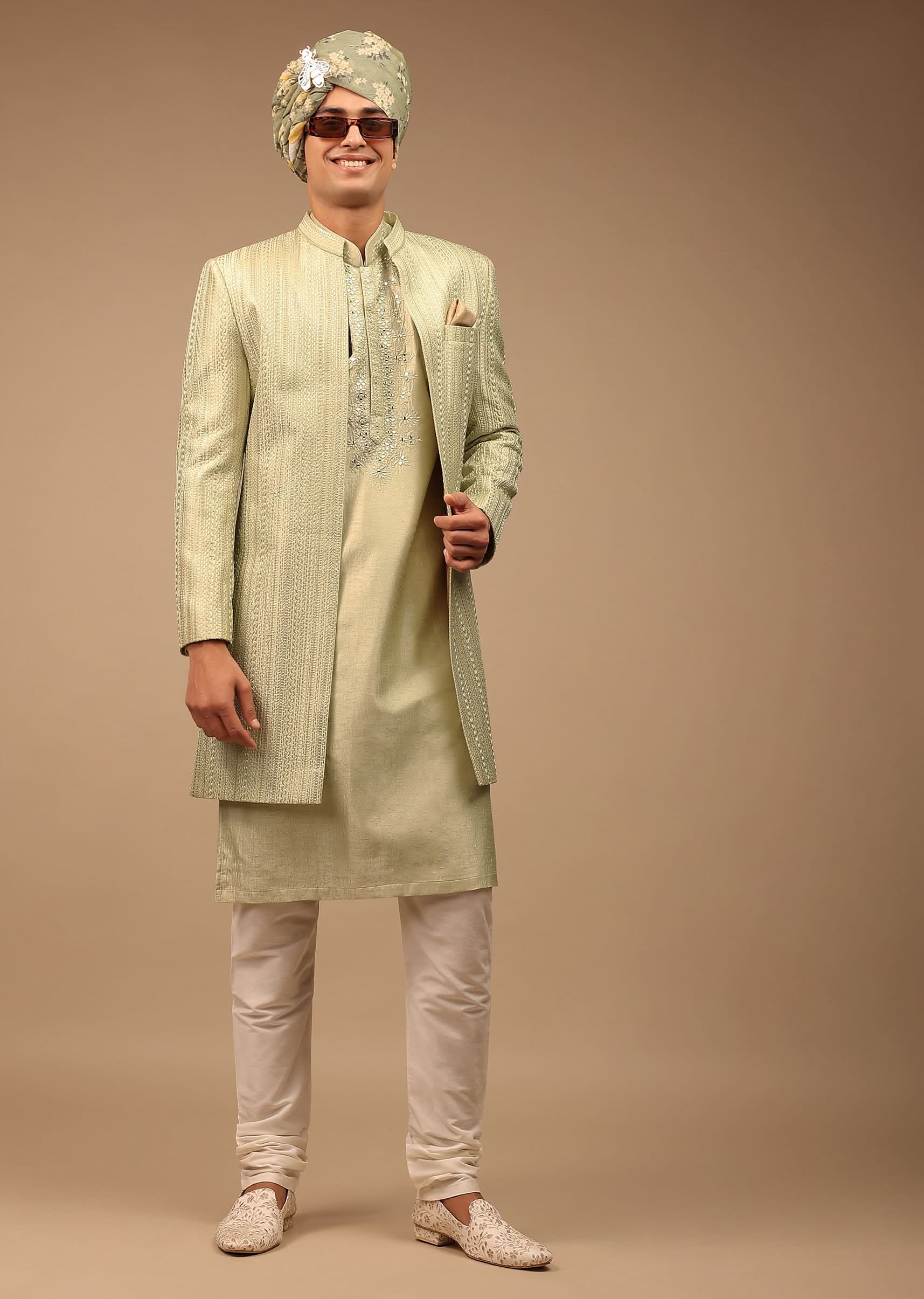 Pista Green Sherwani With Intricate Resham And Mirror Work - Image 3