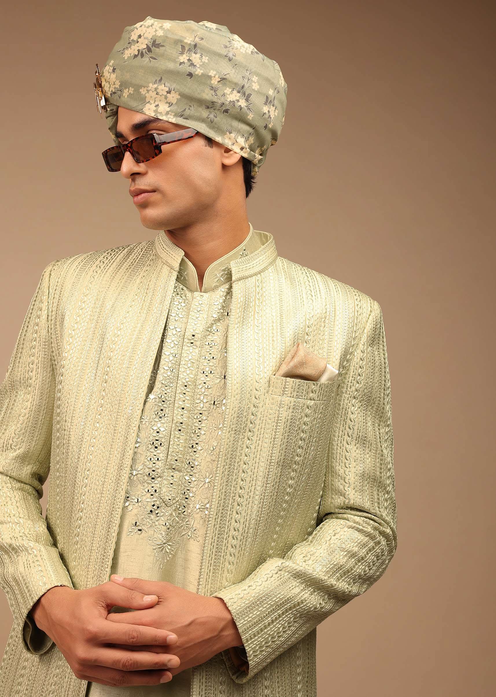 Pista Green Sherwani With Intricate Resham And Mirror Work - Image 4
