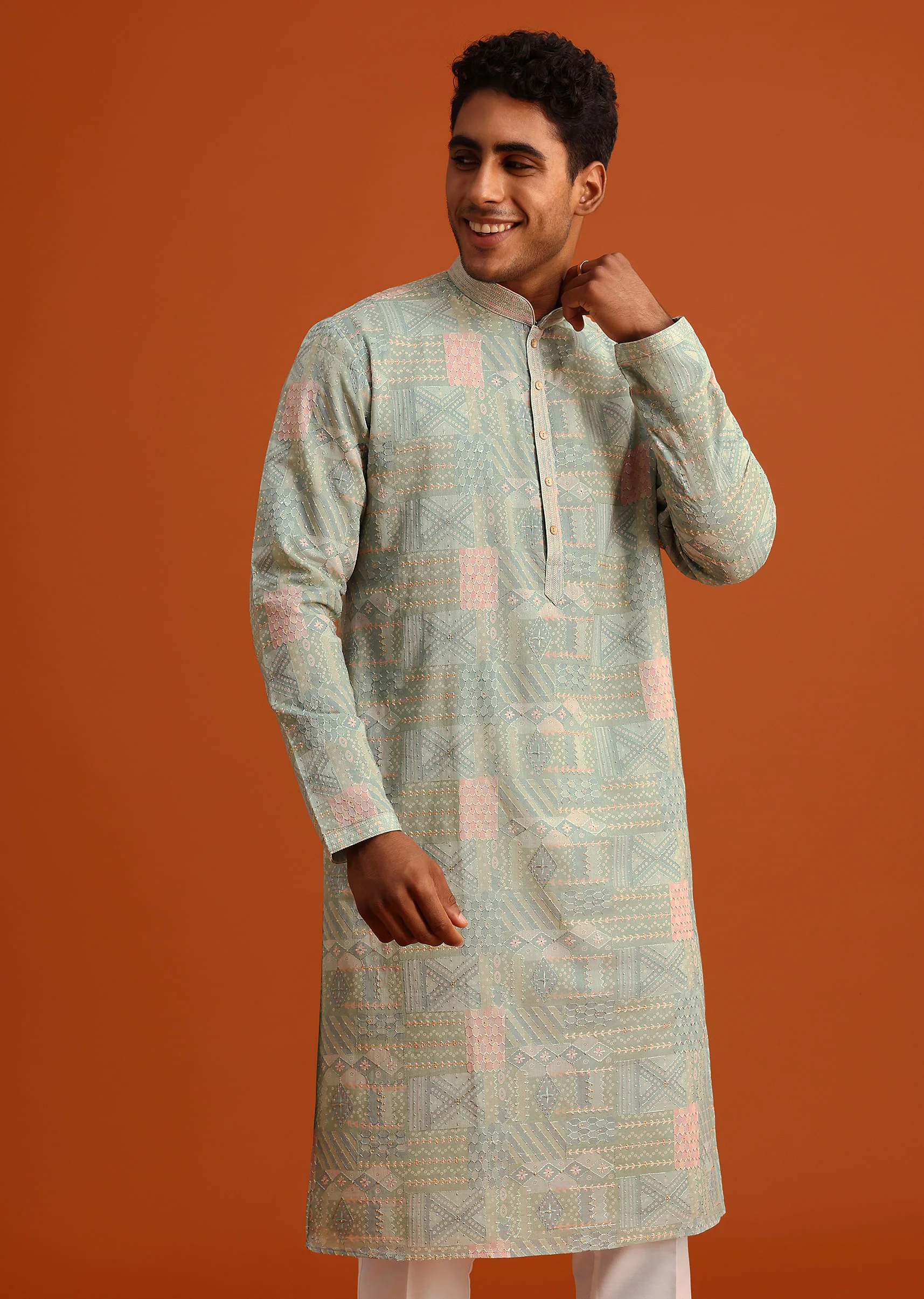 Pista Green Silk Kurta Set With Printed Detail - Image 4