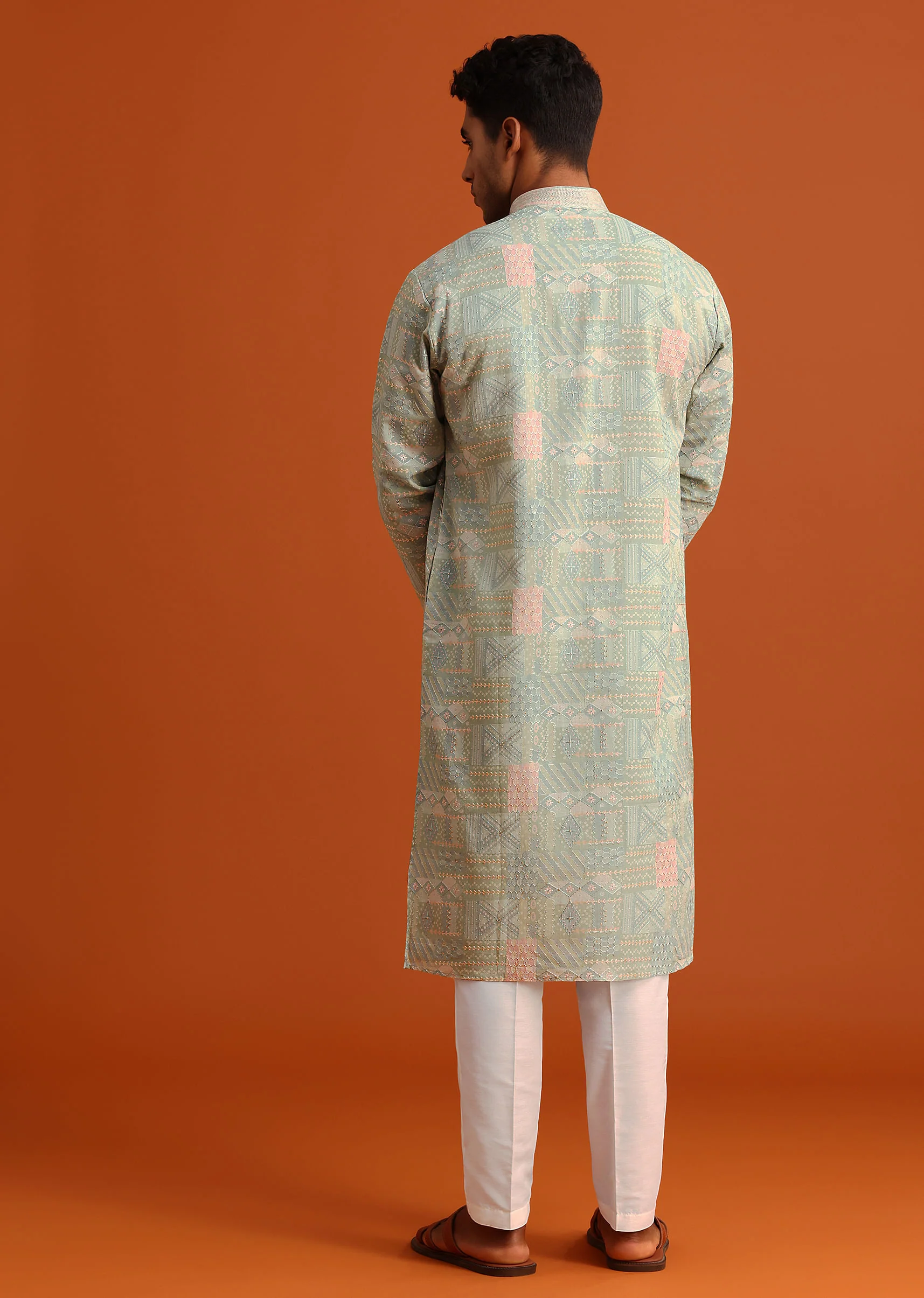 Pista Green Silk Kurta Set With Printed Detail - Image 6