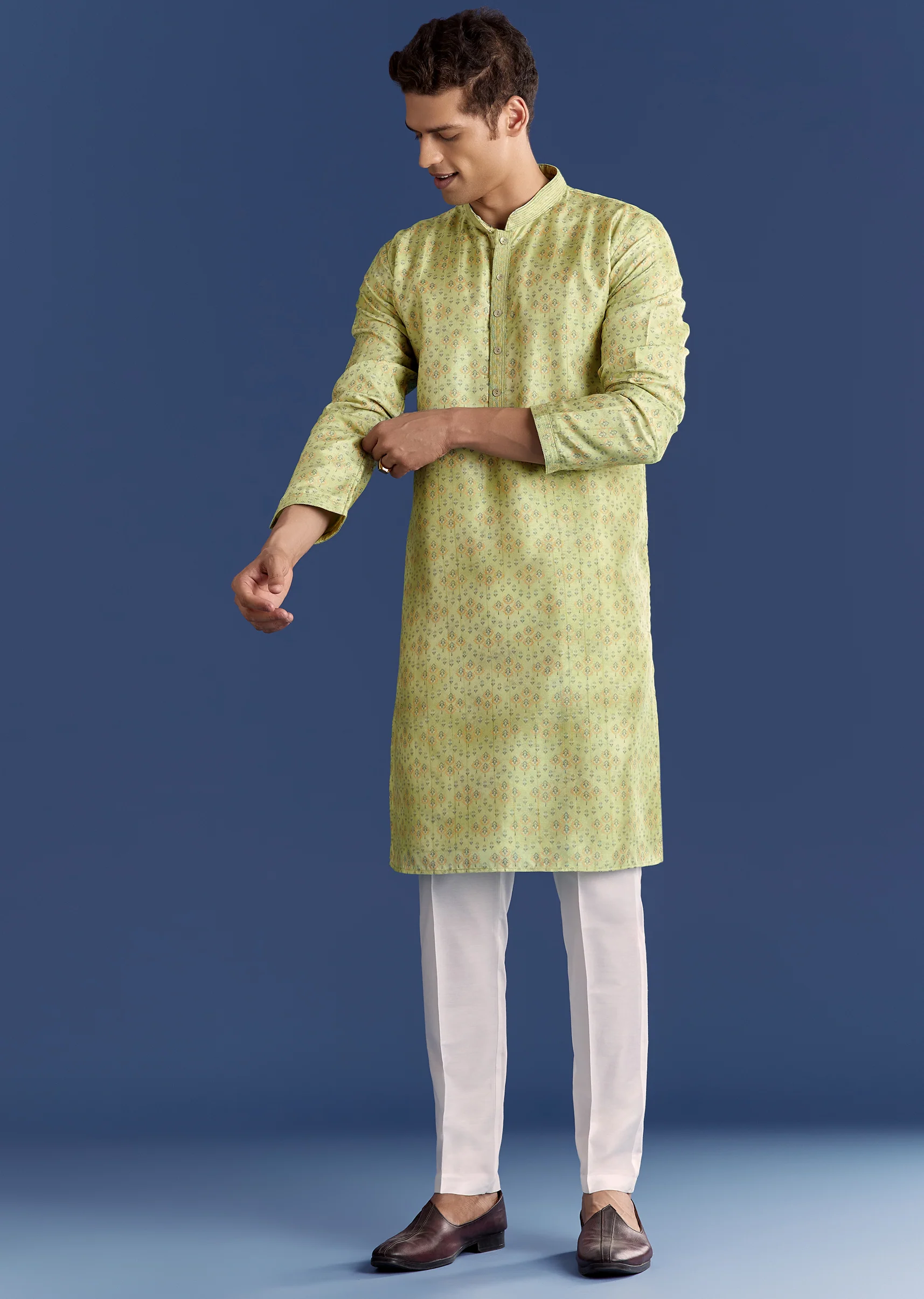 Pista Green Silk Kurta Set With Printed Symmetry - Image 2