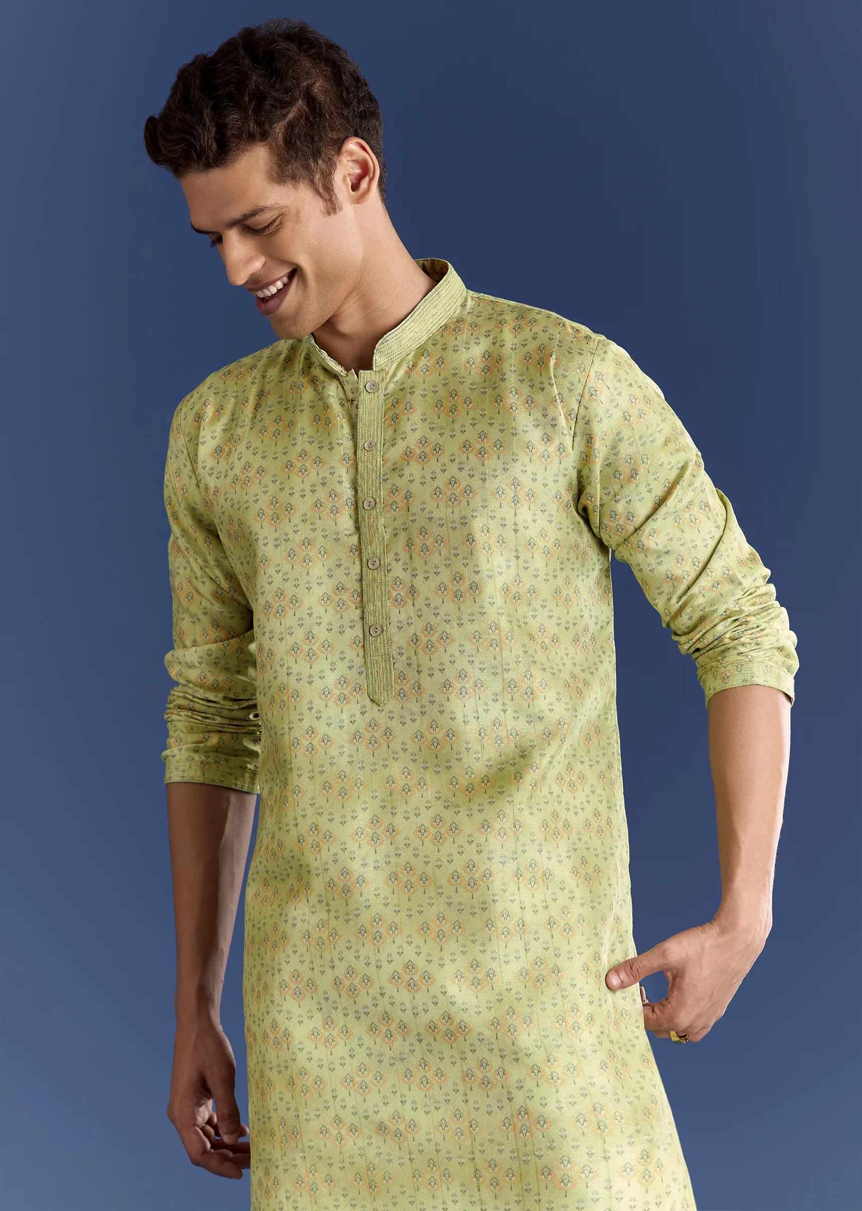 Pista Green Silk Kurta Set With Printed Symmetry - Image 3