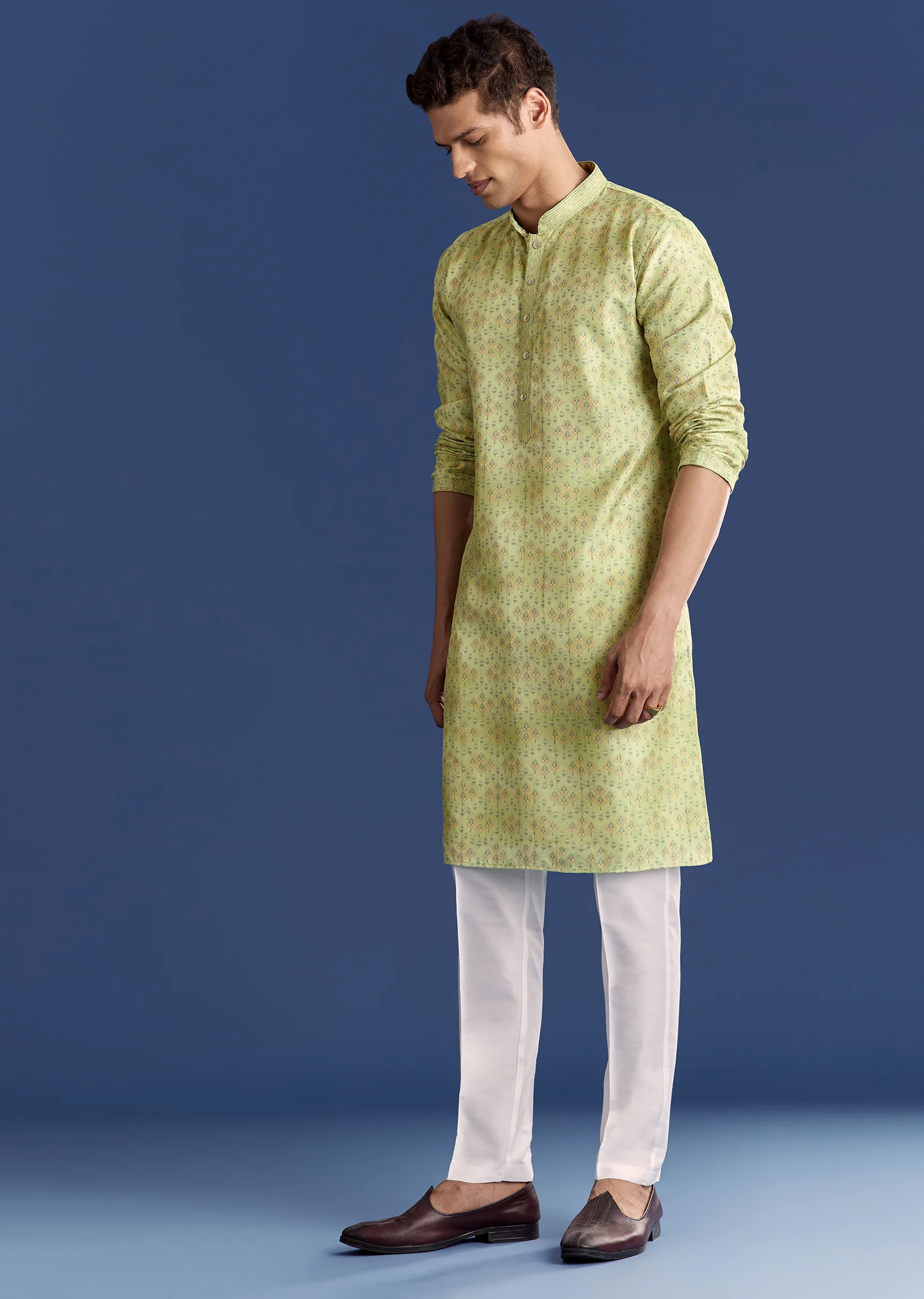 Pista Green Silk Kurta Set With Printed Symmetry - Image 4