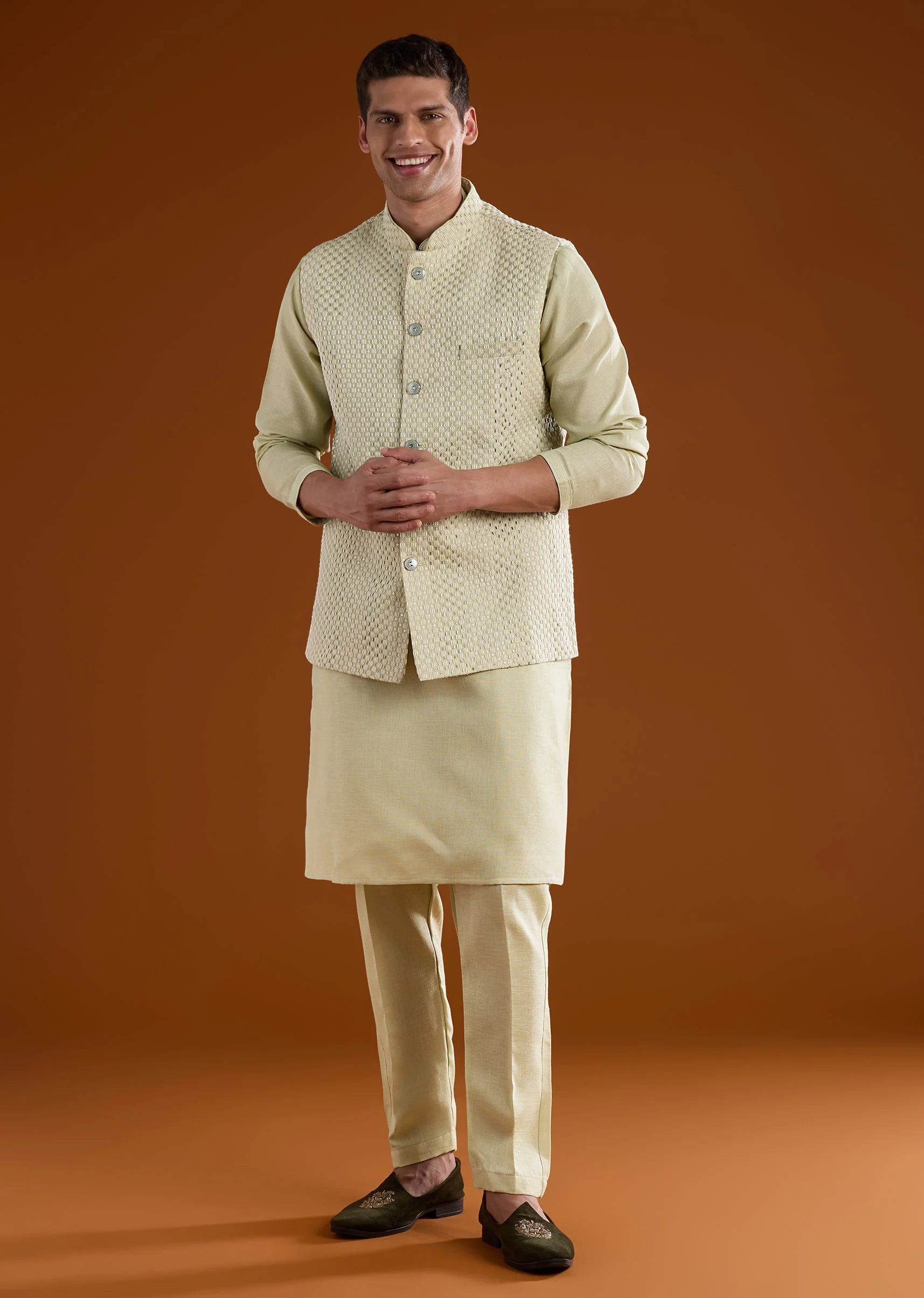 Pista Green Silk Mens Kurta Jacket Set With Thread Bead And Metal Work - Image 3