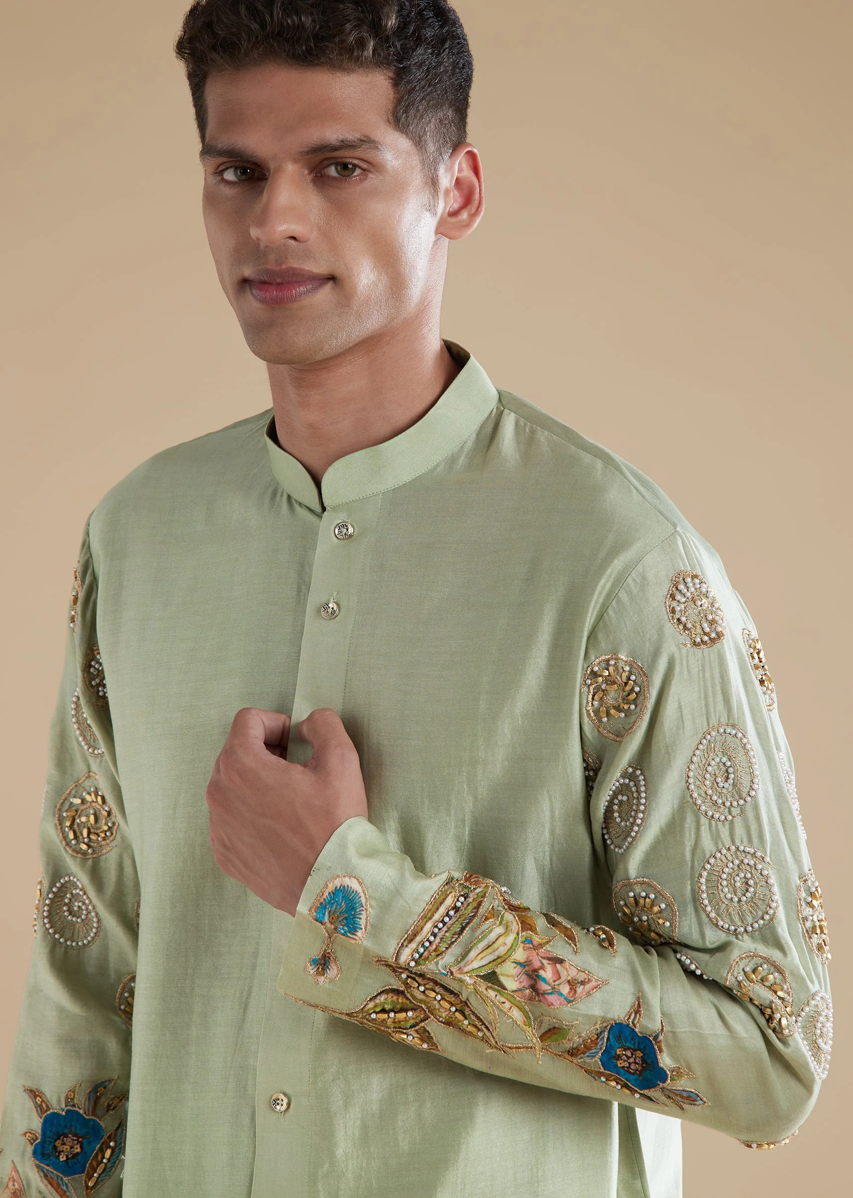 Pista Green Silk Mens Kurta Set with Moti Thread Resham Detail Work - Image 2
