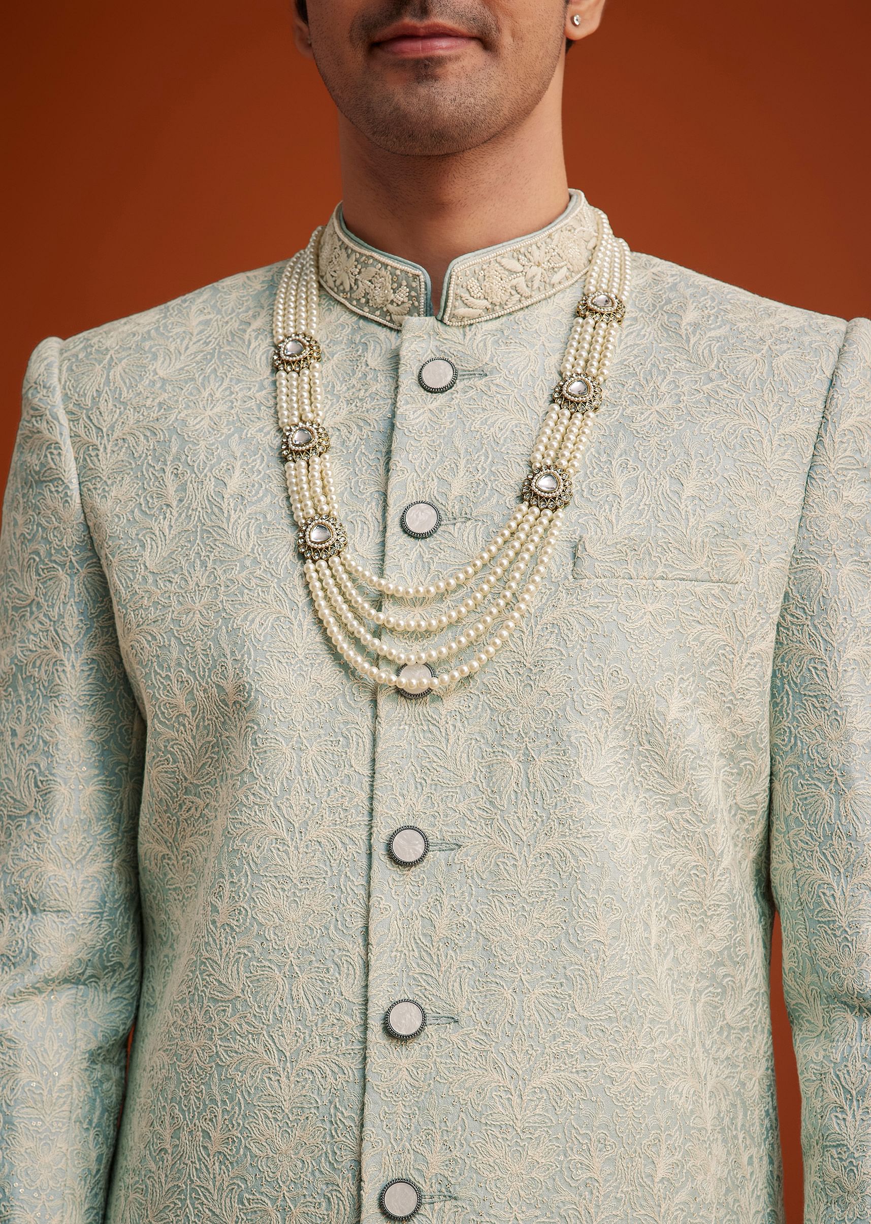 Pista Green Silk Sherwani Set With Beads Embroidery On Collar - Image 2