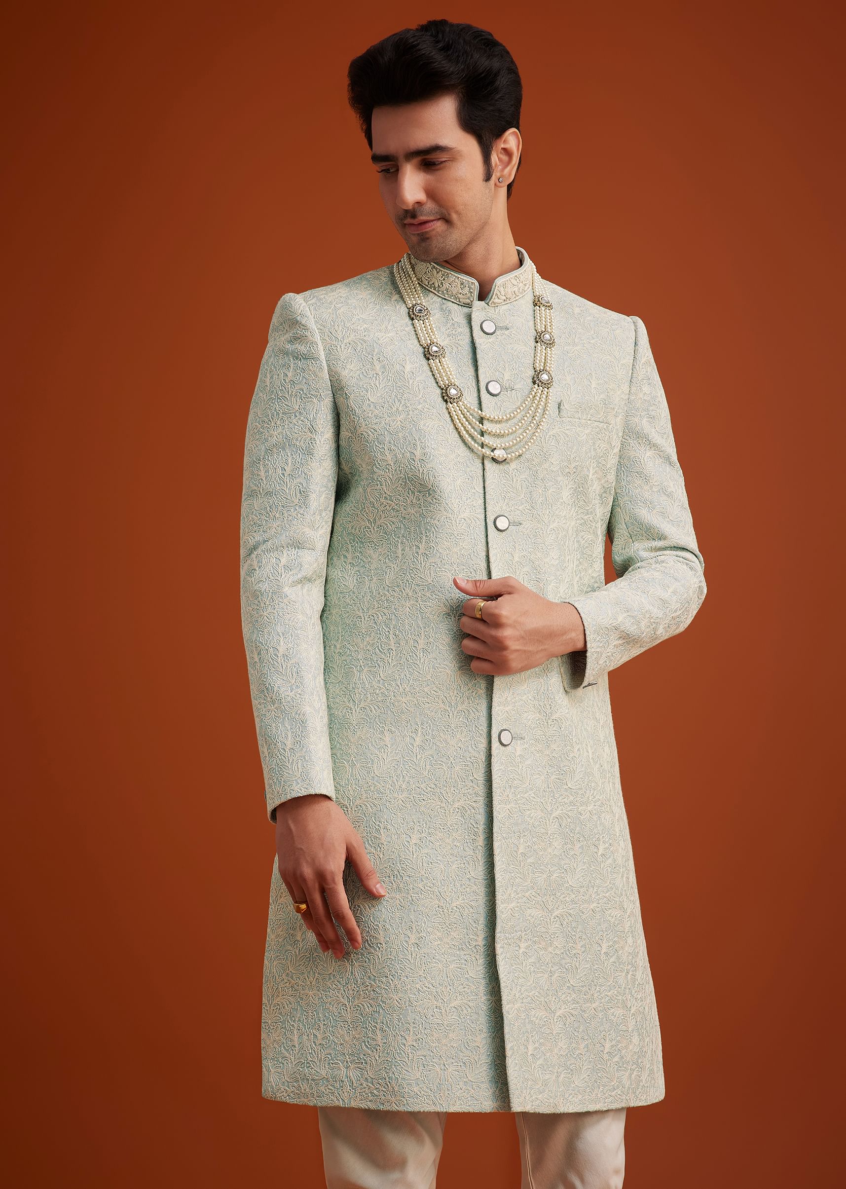 Pista Green Silk Sherwani Set With Beads Embroidery On Collar - Image 4