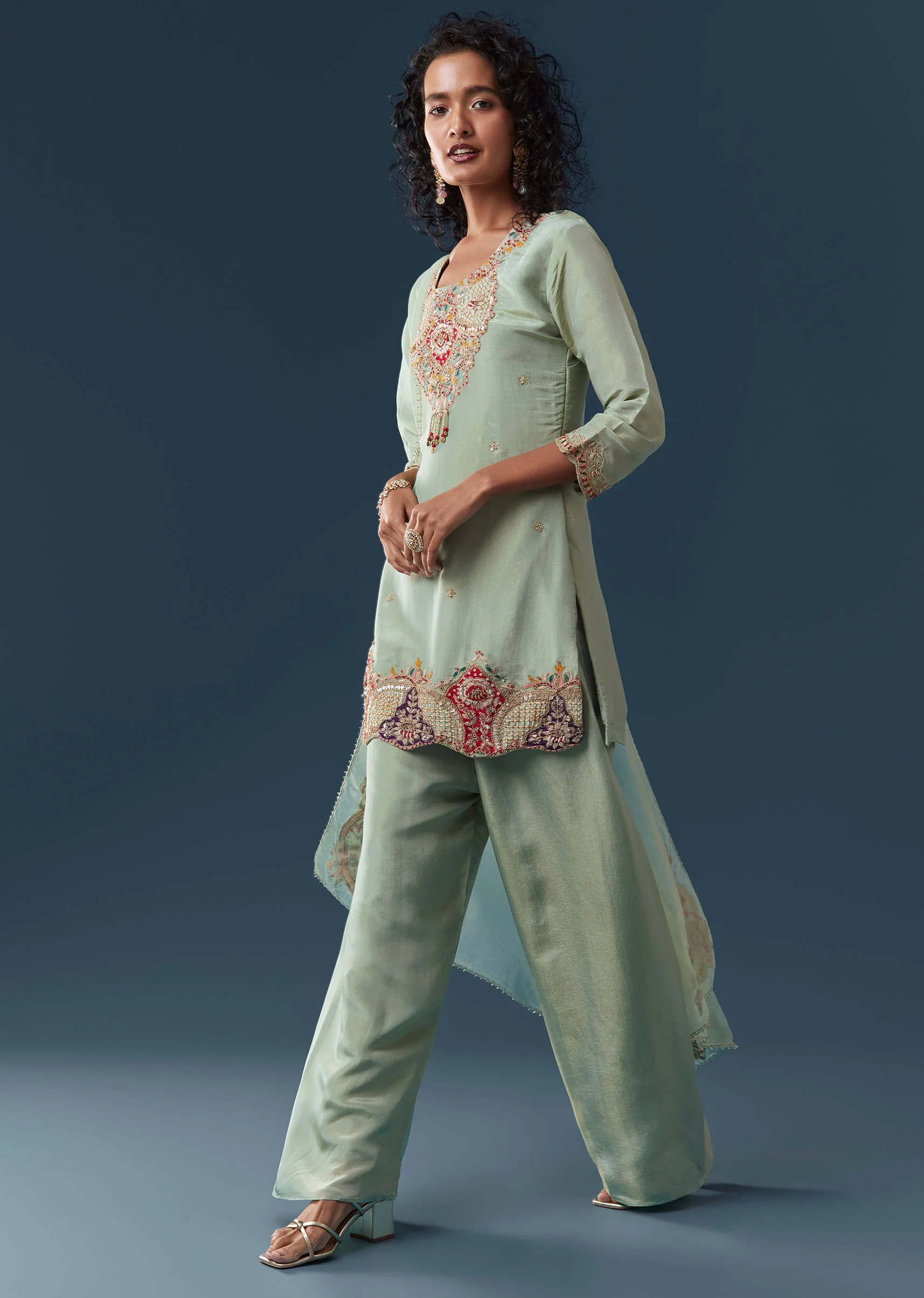 Pista Green Tissue Kurta Pant Set With Dupatta - Image 3