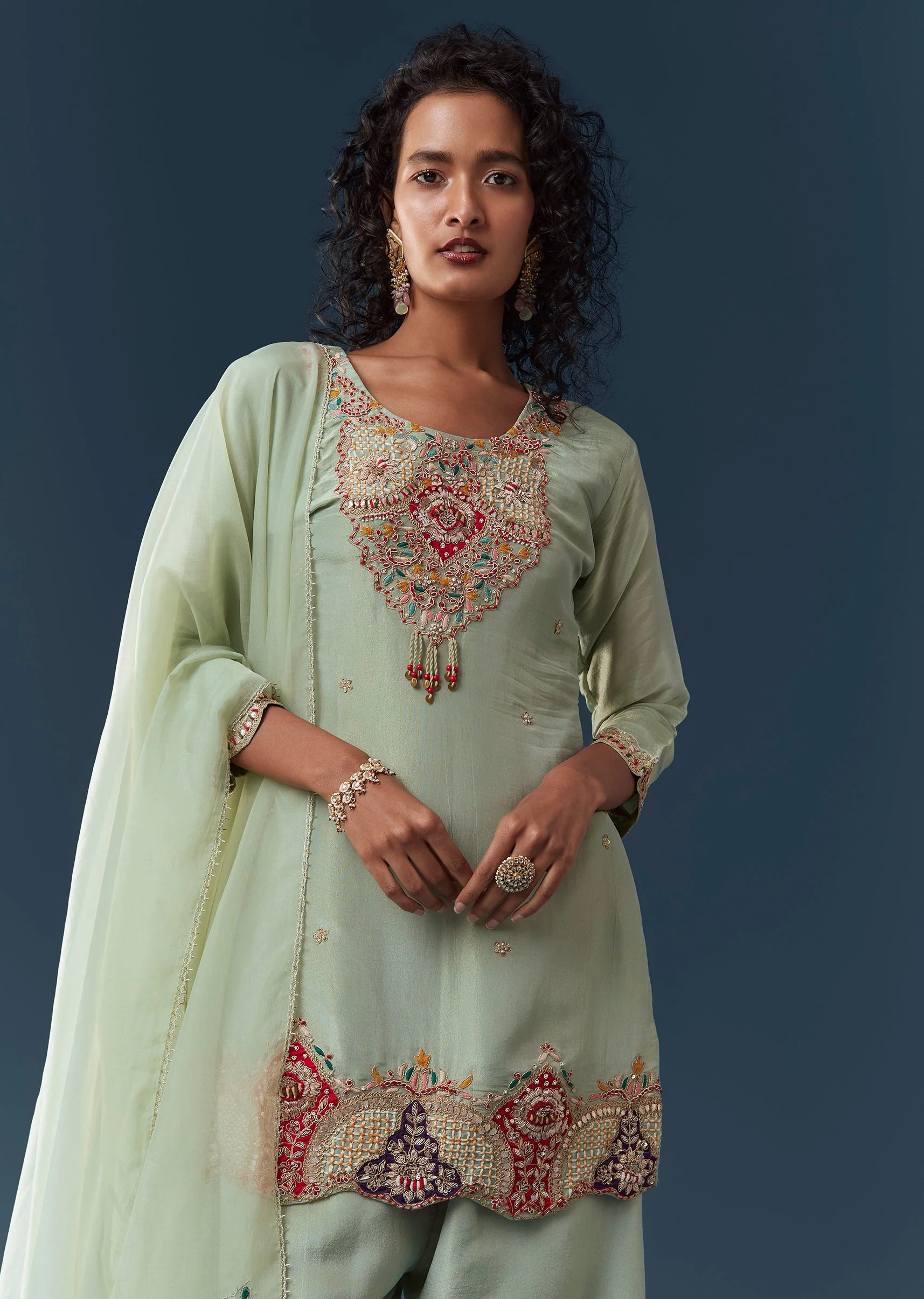 Pista Green Tissue Kurta Pant Set With Dupatta - Image 4