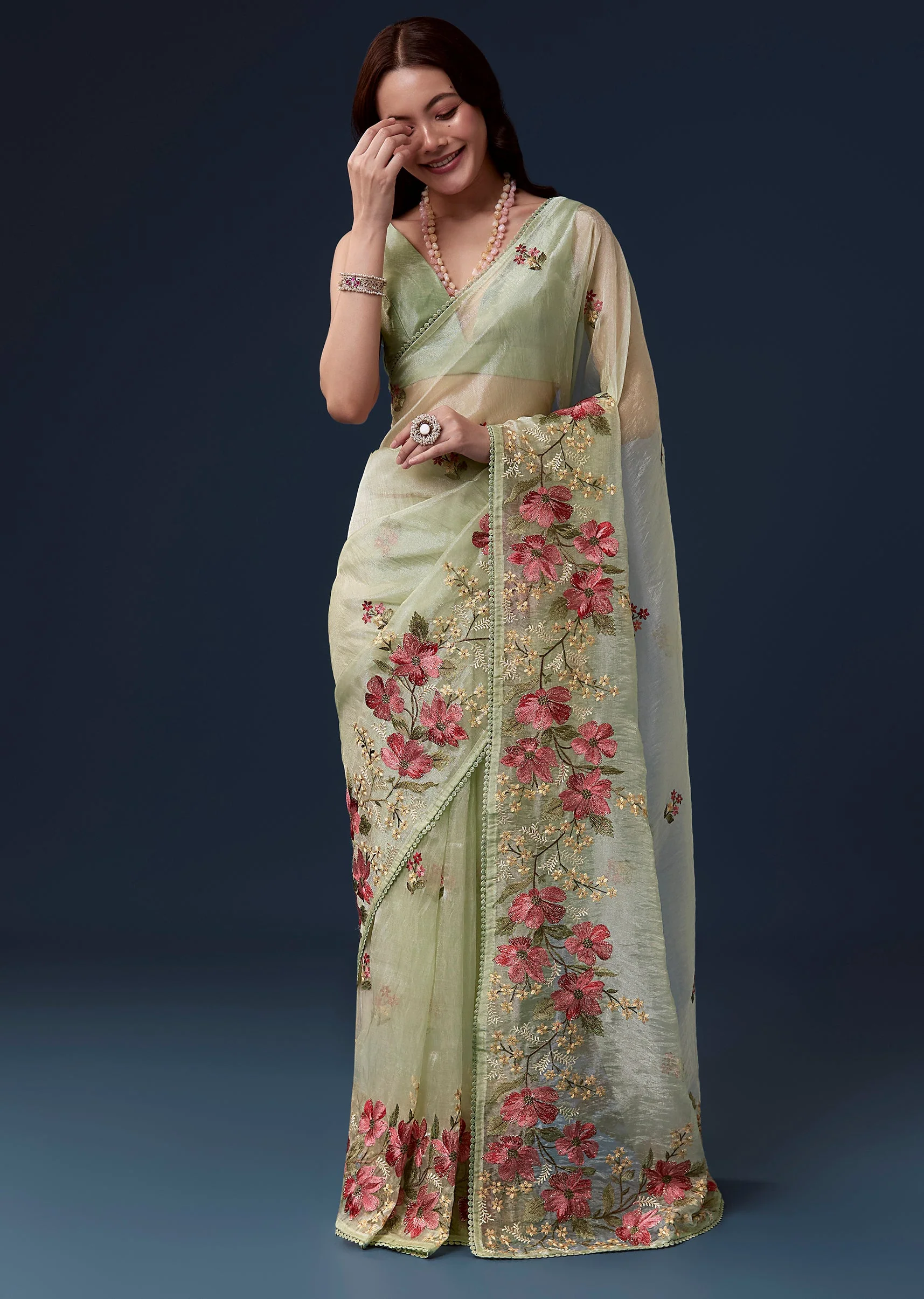Pista Green Tissue Organza Saree With Multicolor Resham Thread And Lace Border - Image 3