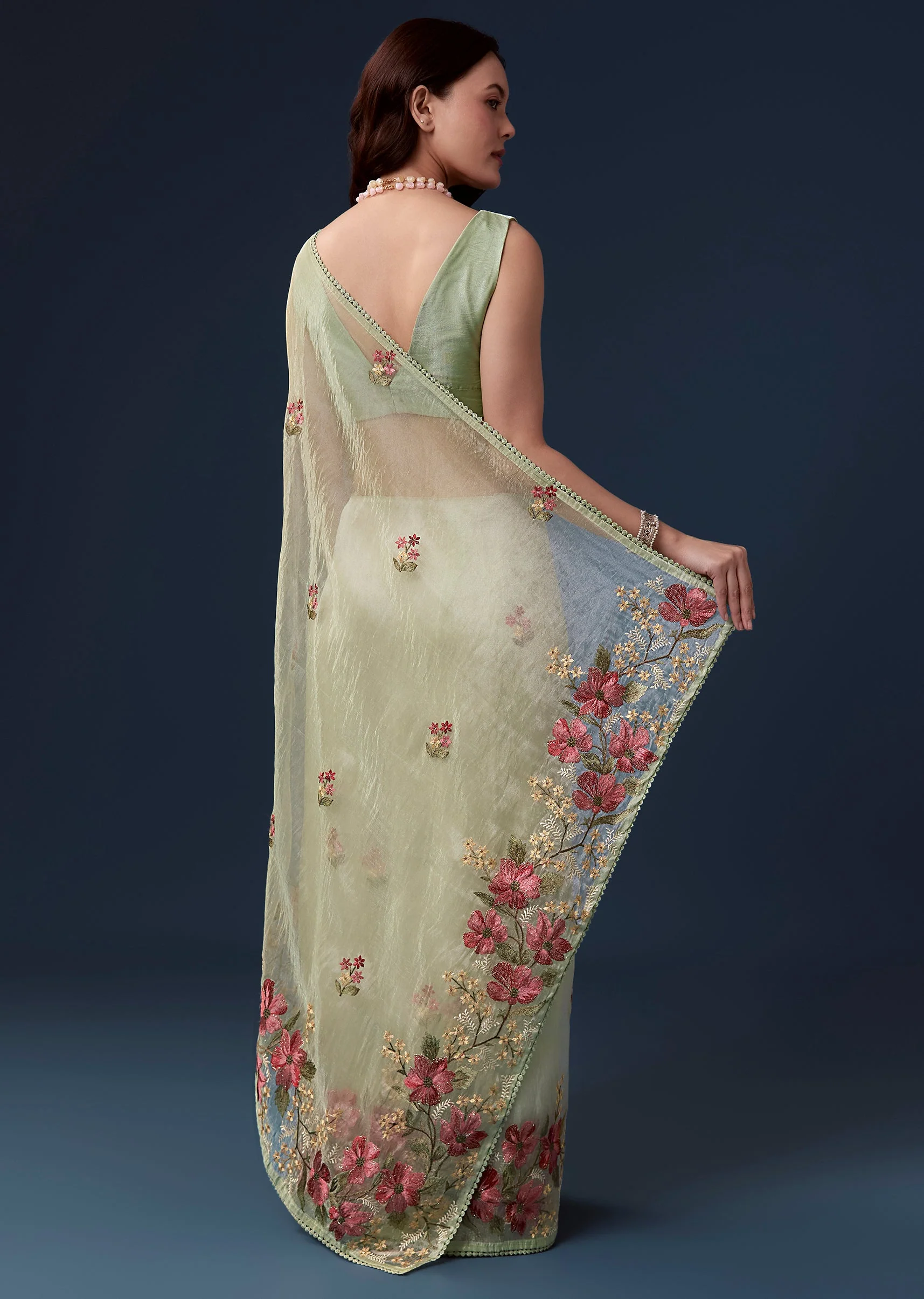 Pista Green Tissue Organza Saree With Multicolor Resham Thread And Lace Border - Image 4