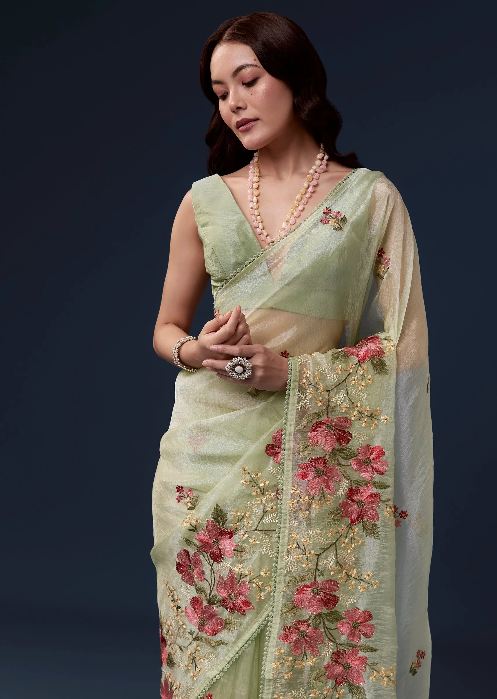 Pista Green Tissue Organza Saree With Multicolor Resham Thread And Lace Border - Image 5